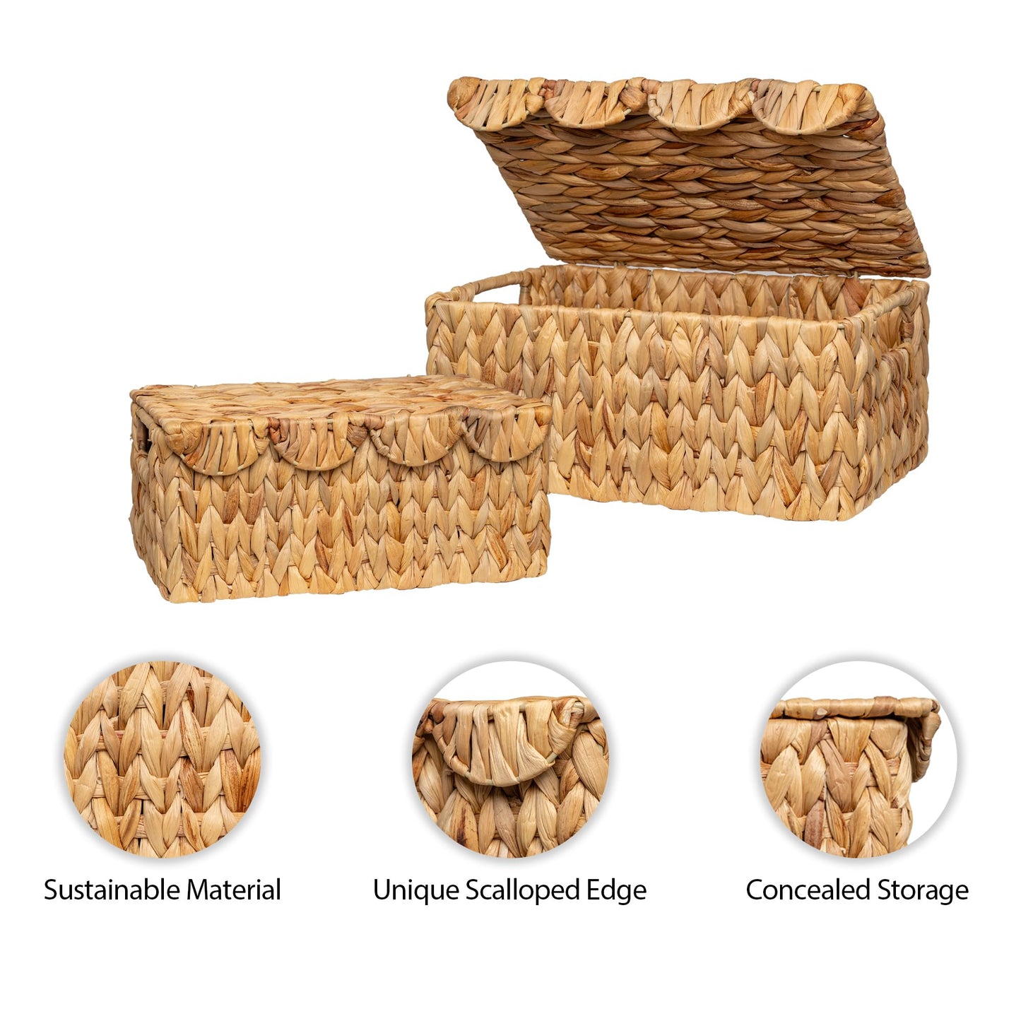 StorageWorks Wicker Basket with Scalloped Edge Lid, Handwoven Water Hyacinth Baskets for Bedroom, Living Room, 13" L x 9 ½" W x 6" H