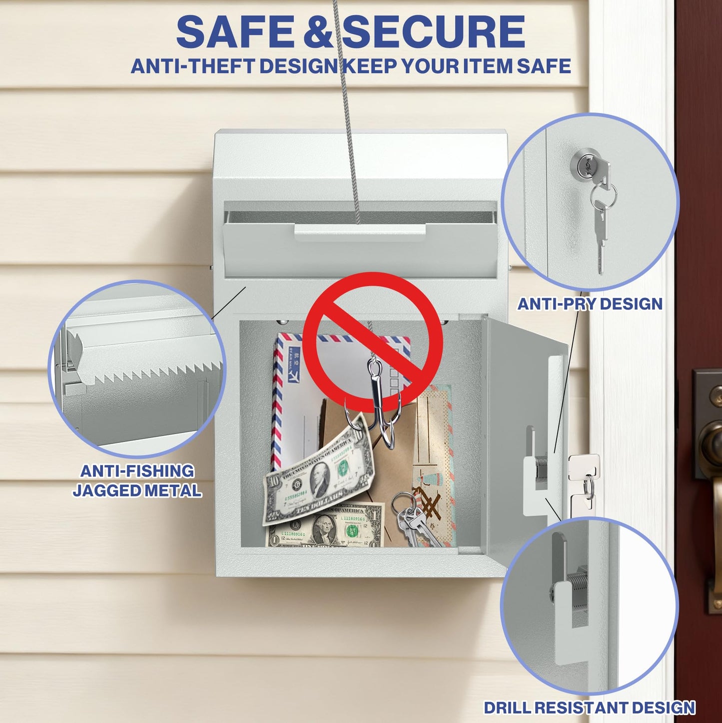 POCHAR Metal Wall Mount Locking Deposit Drop Box Safe - Heavy Duty Lock Box for Keys, Rent, Checks, Money, and Mail Envelopes (9.75” x 4.25” x 14.75”) (White)