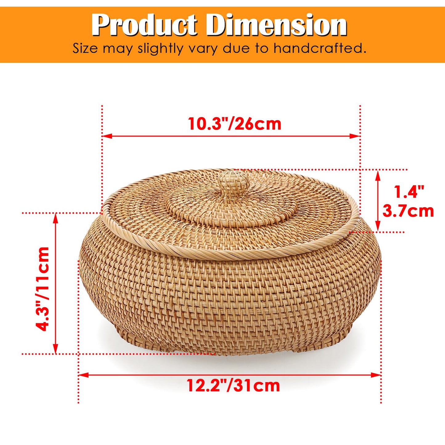 Hipiwe Round Rattan Boxes with Lid, X-Large Woven Bread Basket Natural Rattan Basket Wicker Rattan Storage Box Decorative Basket for Coffee Table Farmhouse Picnic Fruit Storage Basket