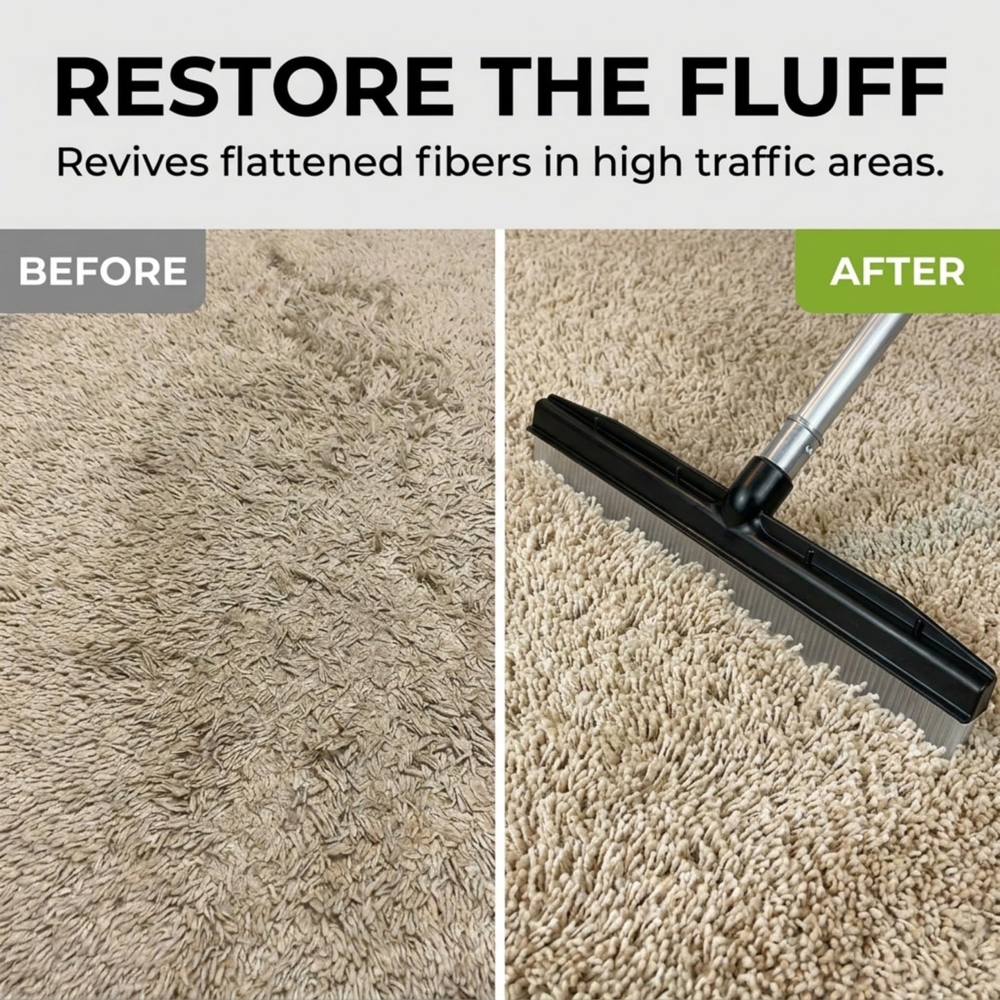 Room Groom Carpet Rake and Groomer with Telescoping 54 Inch Adjustable Handle, Portable Design, Carpet Brush Ideal for Pet Hair, Refreshing High Pile Carpets, Rugs, and Artificial Turf