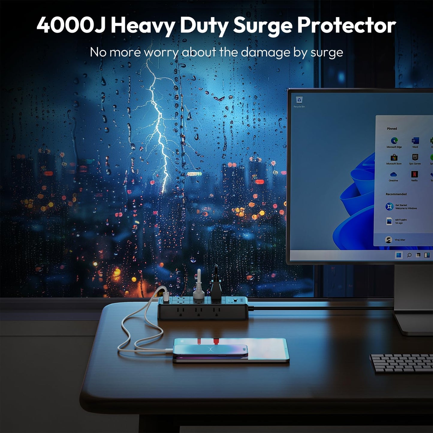 Surge Protector Extension Cord 15FT, NTONPOWER 4000J Surge Protector Power Strip with 12 Outlets & 4 USB Ports (2 USB C), 3 Side Outlet Extender, Wall Mounted Extension Cord for Home Office