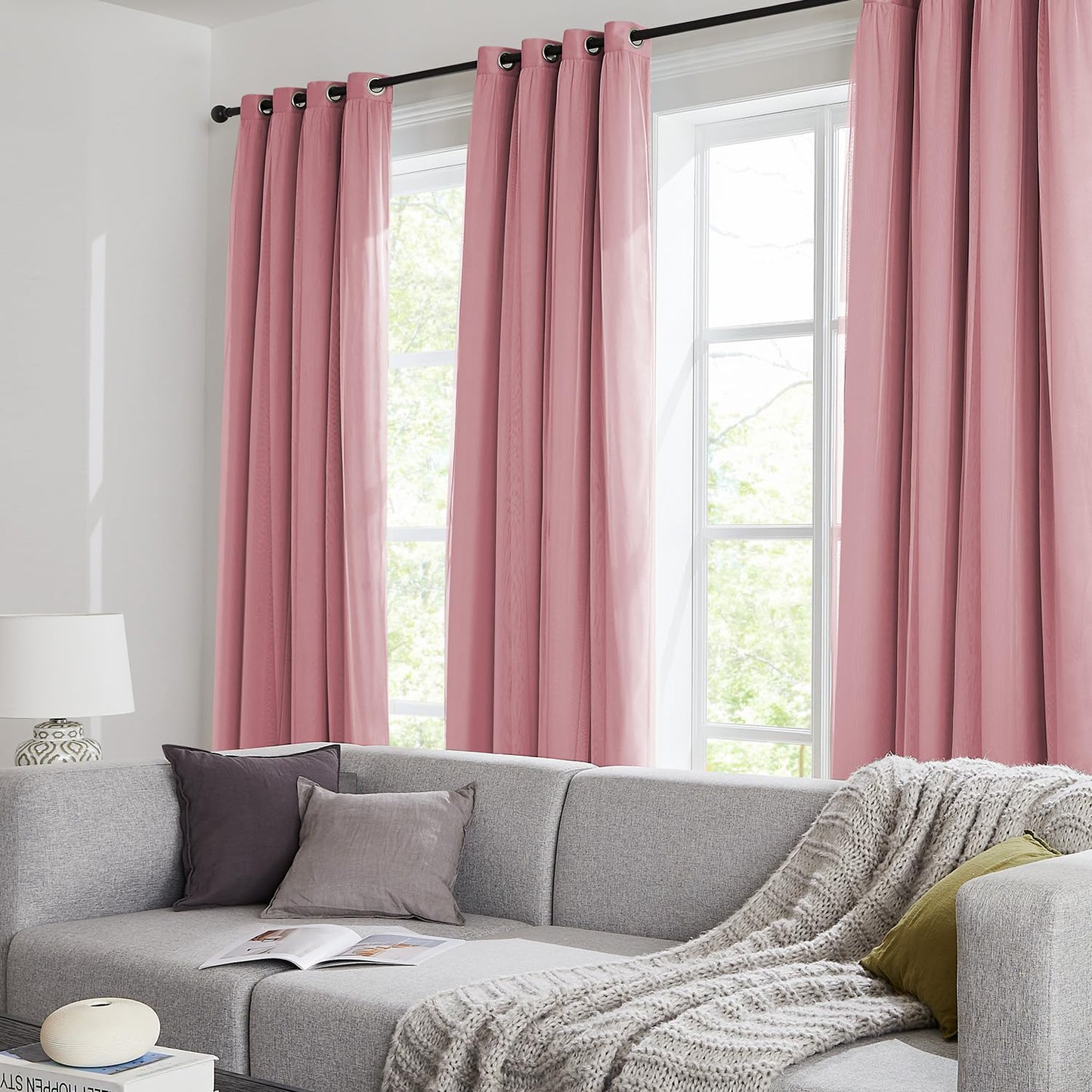 Swandream 100% Blackout Curtains for Bedroom, Double Layer Pink Curtains, Black Out Curtain 84 inch Long with Sheer Overlay for Living Room, Room Darkening Window Drapes with Grommet, 52" W x 84" L
