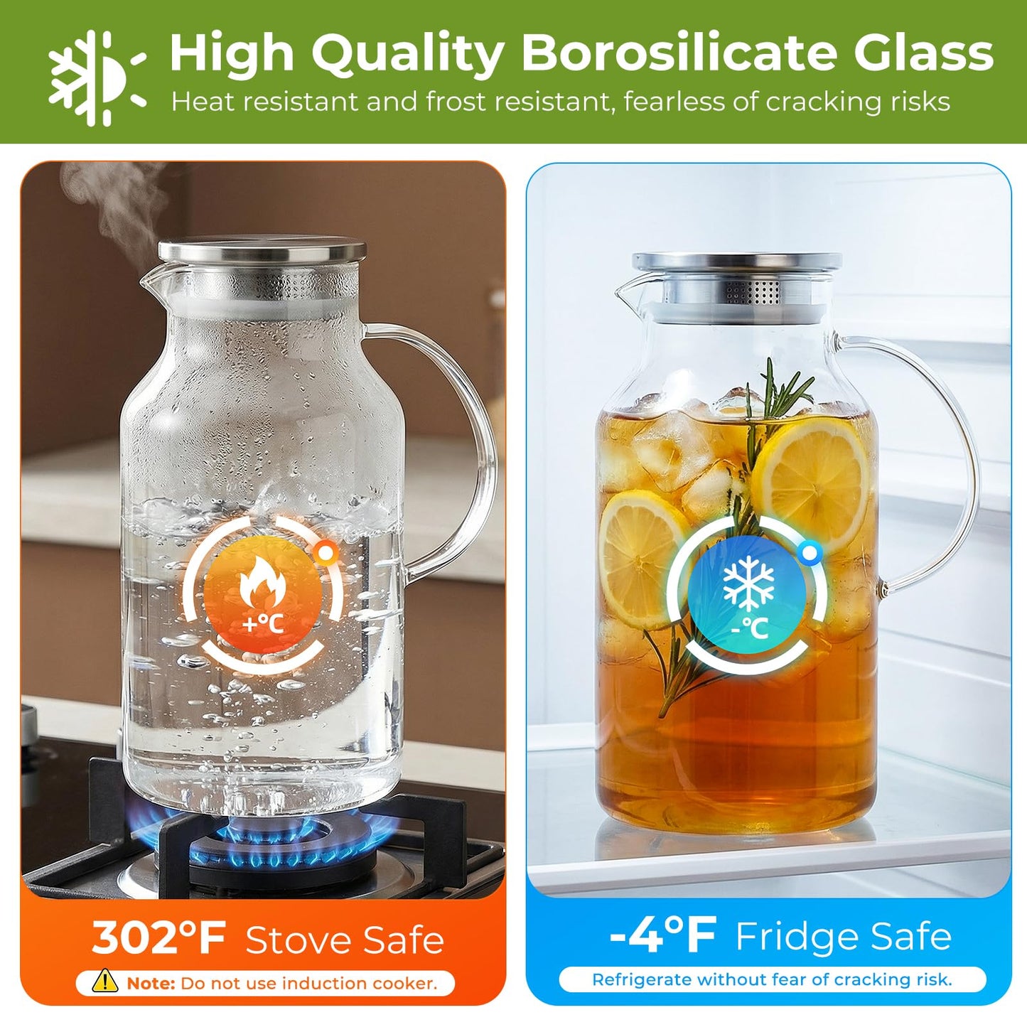1 Gallon/3.8L Glass Pitcher with Lid, Extra Large Water Carafe Jug, Borosilicate Glass Iced Tea Pitcher, Glass Water Pitcher with Silicone Base, Leak-proof Ring & Cleaning Brush Included (Transparent)