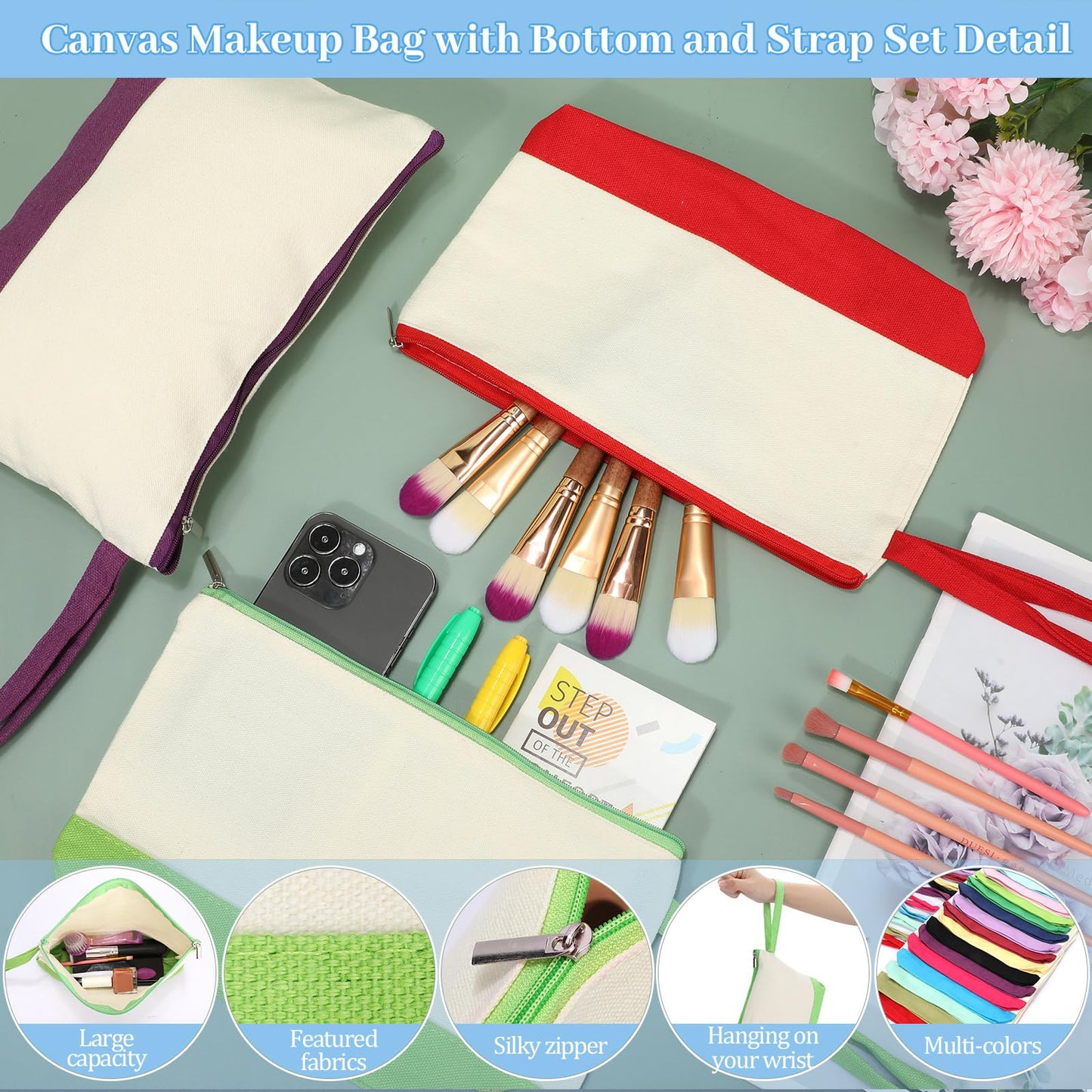 Silkfly 48 Pcs Canvas Makeup Bags Bulk Canvas Cosmetic Bag 10.2 x 5.5 x 2 Inch Two Tone Cotton Makeup Bag Bulk with Zipper DIY Pouch with Bottom Travel Toiletry Pouch for Women(24 Colors)