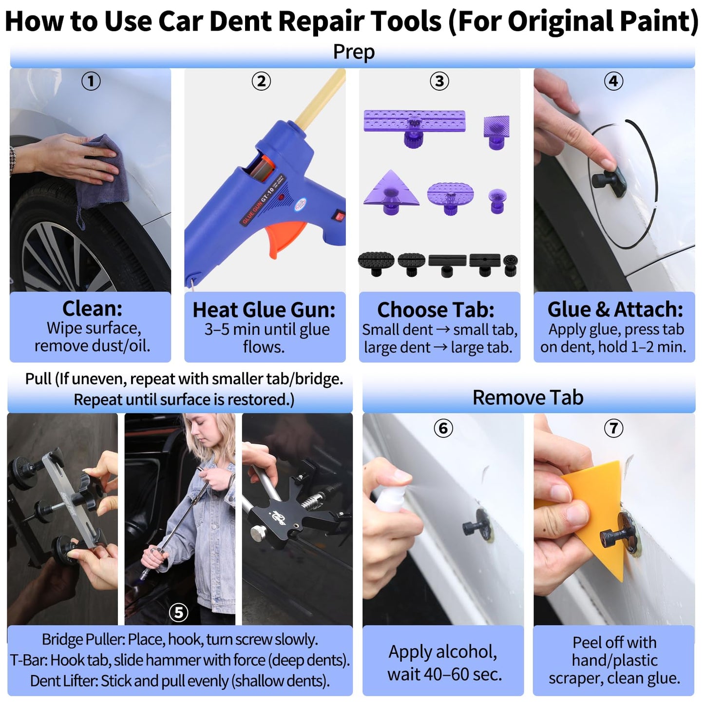 Super PDR Car Dent Repair Kit – Paintless Dent Puller Tool Set with 2 in 1 Slide Hammer, Glue Gun & New GlueTabs – No Paint Damage DIY Dent Remover for Door Dings, Hail, Hood & Fender Dents