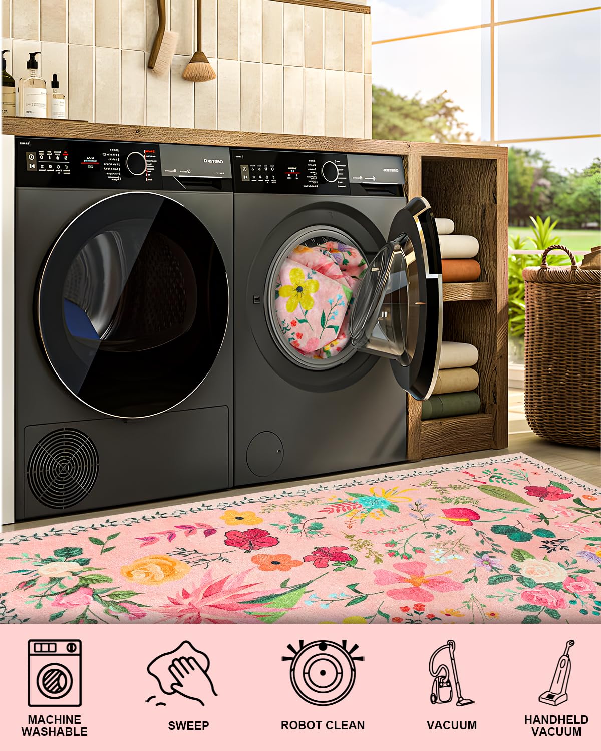 Boho Washable Area Rug 4x6 – Floral Low Pile Non-Slip Carpet for Living Room, Bedroom, Office, Playroom, Entryway, Kitchen, Dining Room (Pink)