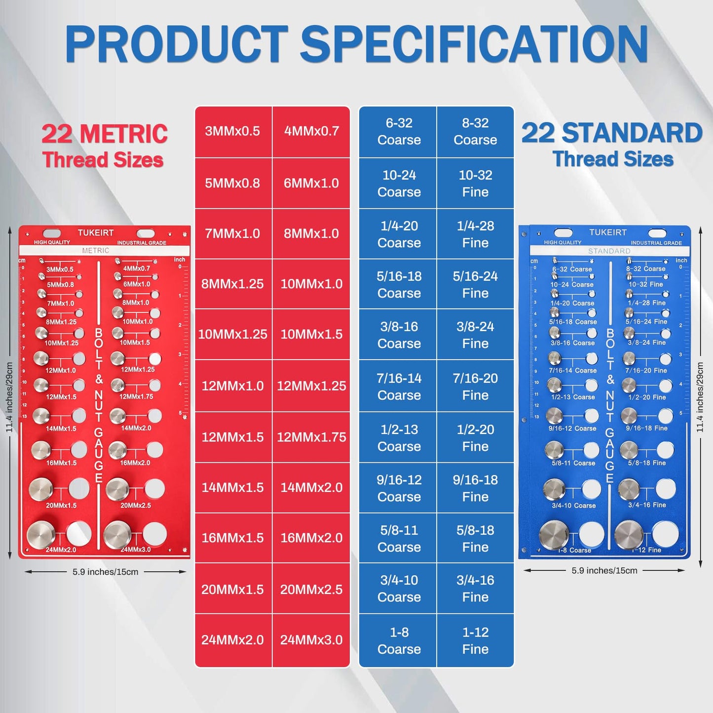 44 Nut and Bolt Thread Checker, 2 in 1 Bolt and Nut Identifier Gauge, Bolt Size and Thread Gauge with Metric and Standard,Inch and Centimeter Double Scale (Red + Blue)