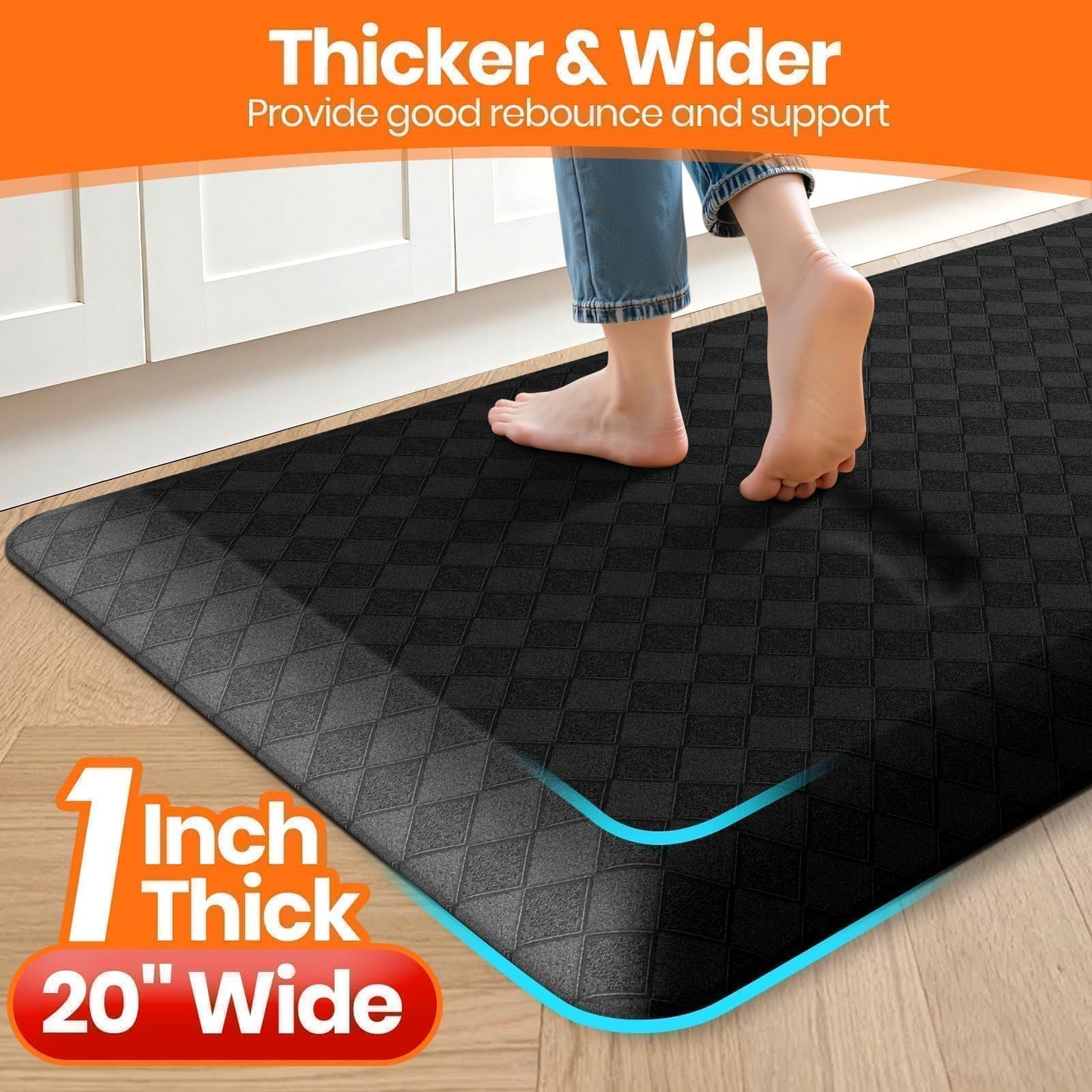 StepRite 1” Thick Kitchen Mats for Floor, Anti Fatigue Kitchen Rugs, Non-Slip,Heavy Duty Water Resistant Kitchen Rug, Standing Desk Mat for Friends, Family, Home, Kitchen, Office (32" x 20", Black)