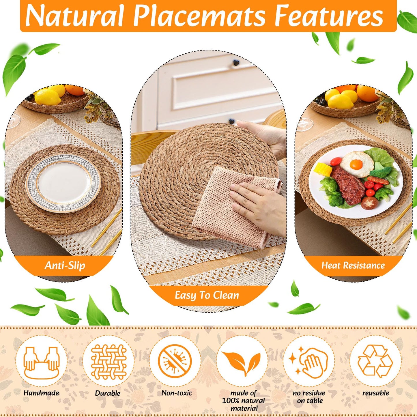 Gandeer 6 Sets Boho Placemats Round Woven Placemats, Cloth Napkins, Wood Bead Napkin Rings, Long Table Runner and Farmhouse Rustic Natural Burlap Cotton for Kitchen Dining Table Home (White)