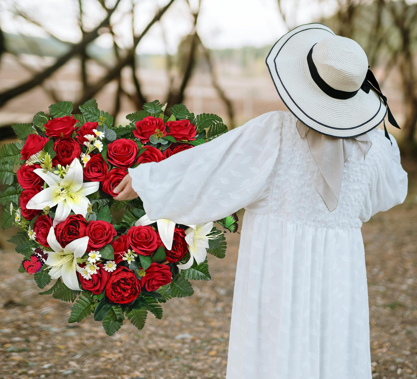 SUHOOKOO Cemetery Flower - Ebullient Remembrance Standing Heart, Grave Wreath with Easel Stand,Memorial Floral-Red Rose Hibiscus/White Lily-27 Inch