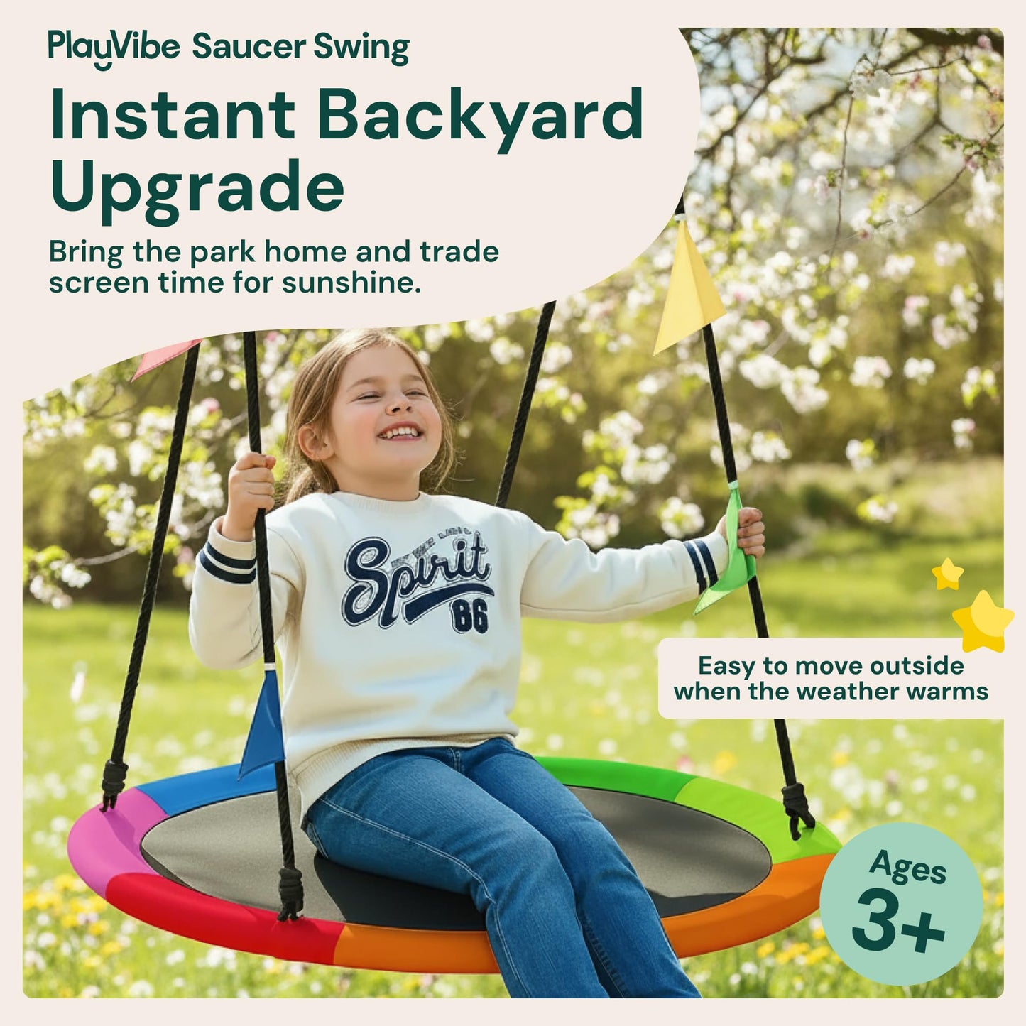 PLAYVIBE 40" Saucer Swing for Kids Outdoor - Tree Swing Set Summer Fun, 440 lb Capacity - Multicolor 600D Oxford Fabric & Adjustable Ropes, Straps & Carabiners
