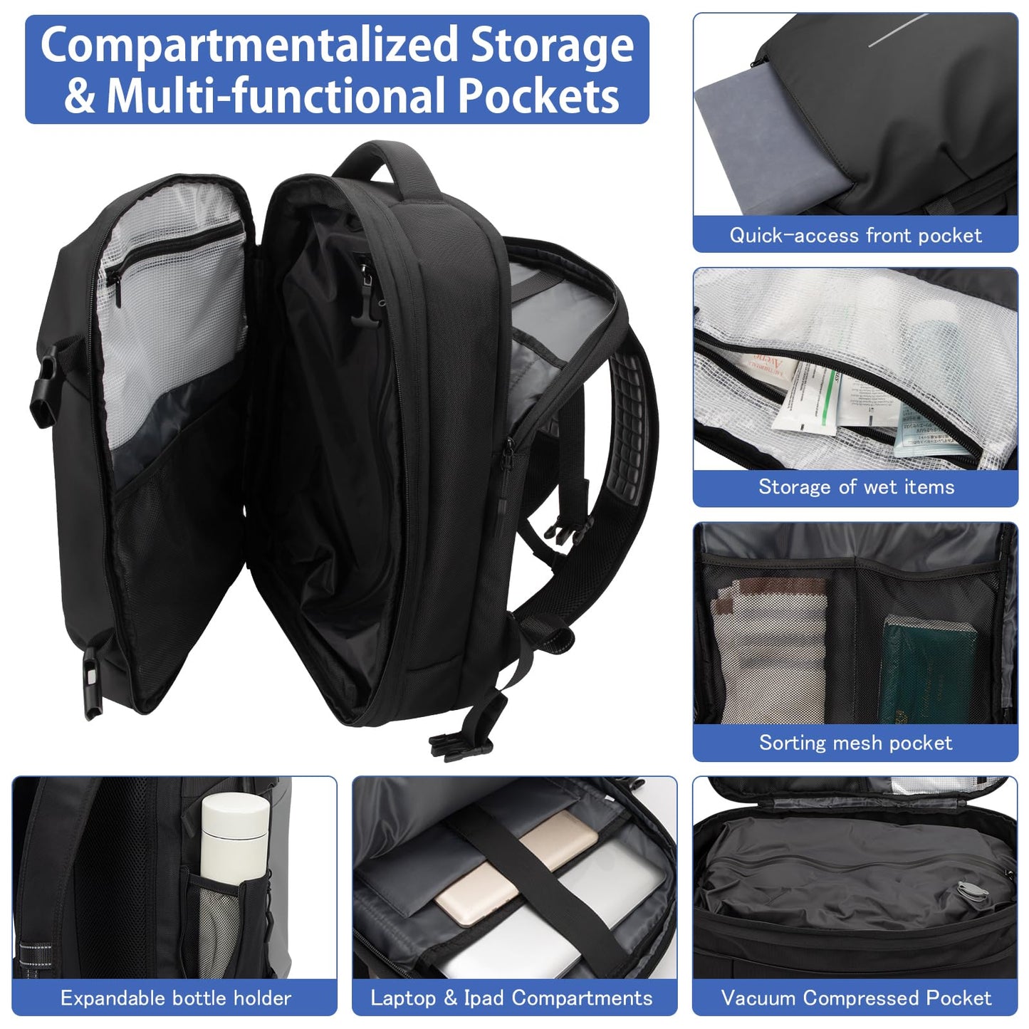 Vacuum Backpack Travel, Lightweight Waterproof Airback with Pump, 60L Expandable Compression Bag for Travel, TSA Friendly Flight Approved, Work, Business Trip, Commute