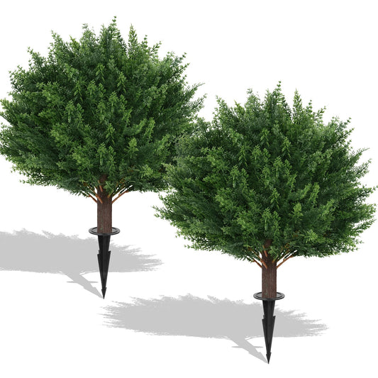 EverNature 2Pack Artificial Cedar Topiary Ball Trees, 16'' UV Resistant Fake Evergreen Shrubs Bushes Plants with Ground Spike Fake Plants for Outdoor Indoor Front Porch Garden