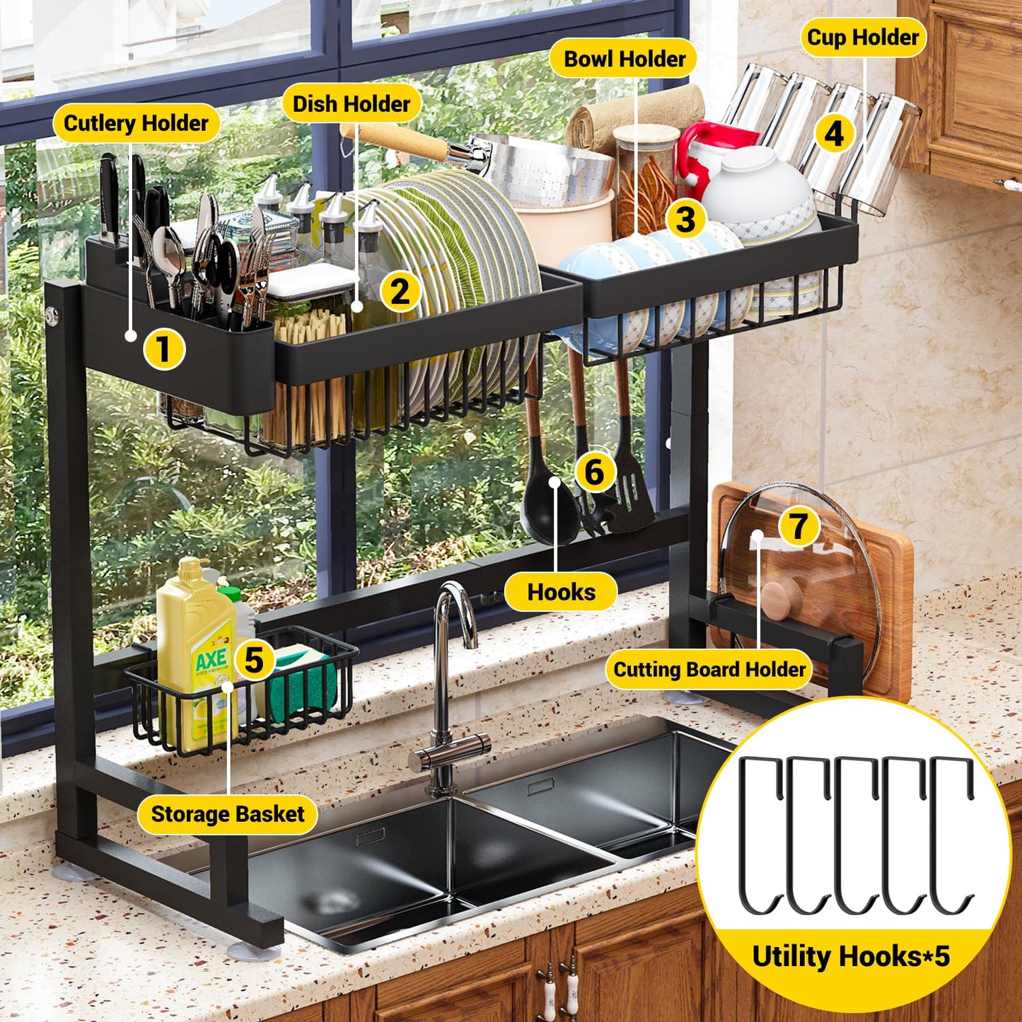ilvvan Over Sink Dish Drying Rack (Expandable Height/Length) Snap-On Design Large Dish Drainer Storage Counter Organizer 24" - 35.5"(L) x 12"(W) x 19" - 22"(H)