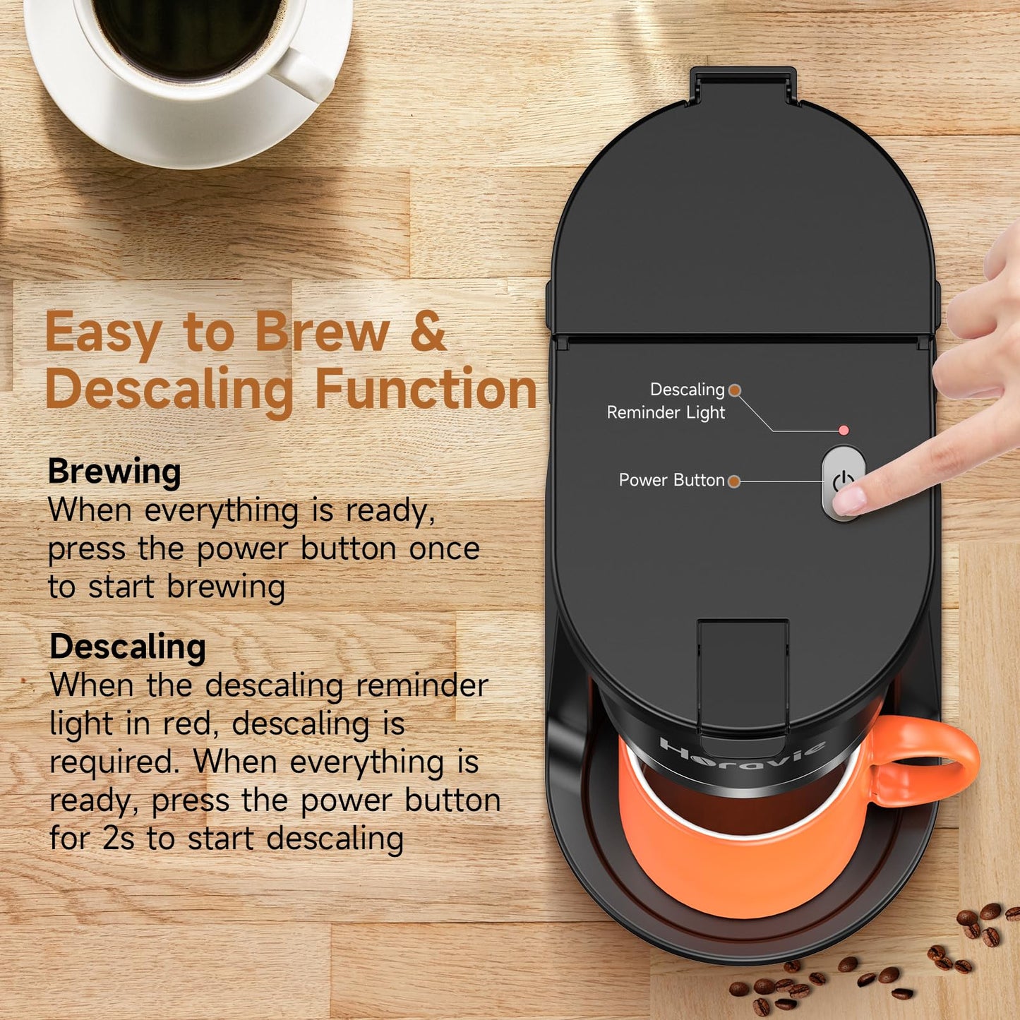 Horavie Small Single Serve Coffee Maker, Fast Brew One Cup Coffee Machine for K Cup and Grounds, 6 to 12 oz. Brew Sizes, Capsule Coffee Machine with Descaling Reminder and Viewing Tank, Black