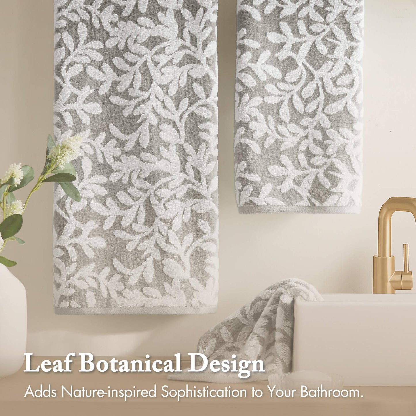 Madison Park Floral Decorative Towel Set of 6, Zero Twist Cotton Bath Towel Set with Botanical Leaf Pattern, Soft Absorbent Quick Dry Bathroom Towels, Bath Hand Washcloth Set, Grey