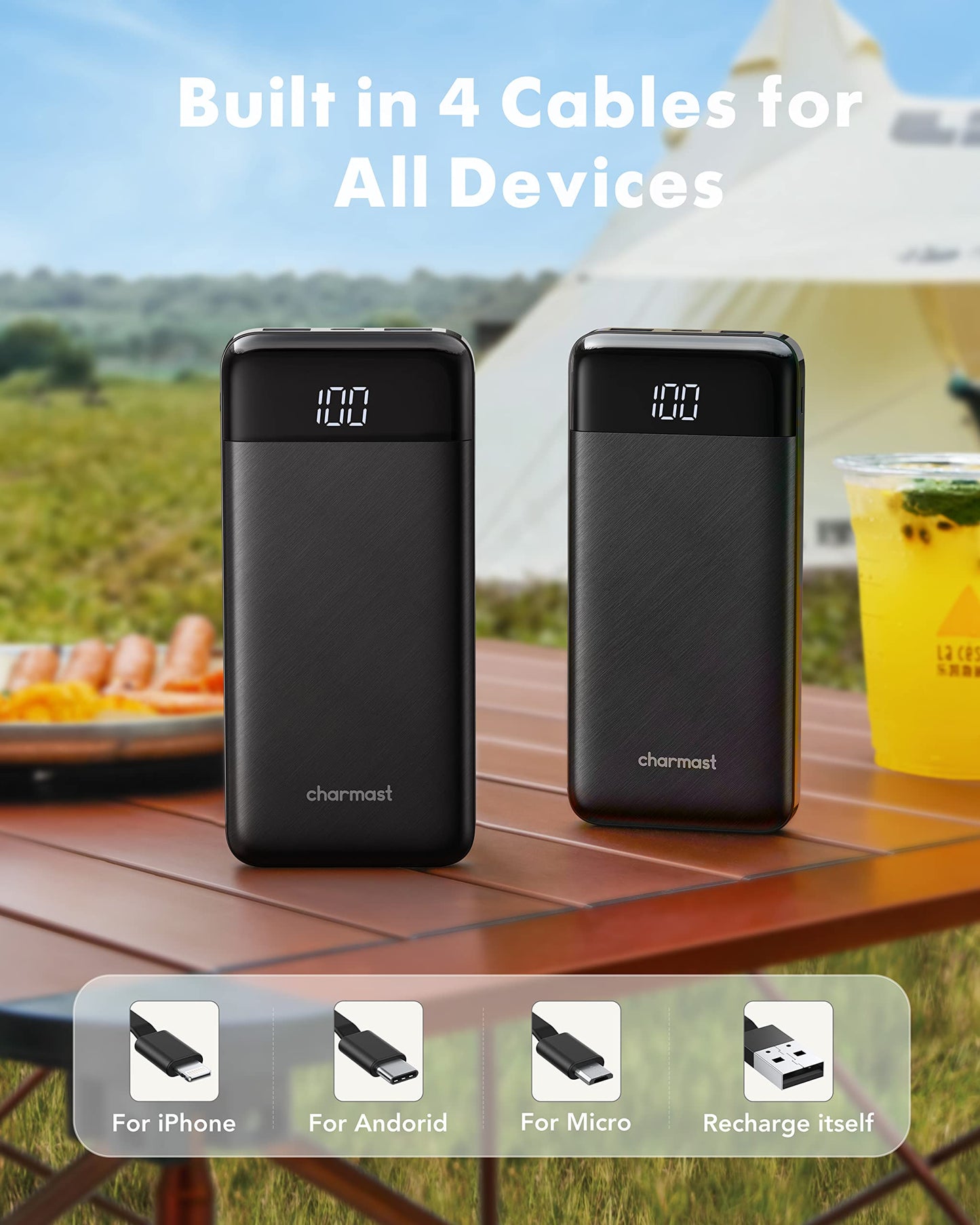 2 Packs Portable Chargers with Built in Cables, 2PCS Slim 10000mAh Travel Essentials Battery Pack 6 Outputs 3A Power Banks for iPhone Samsung Pixel LG Moto iPad