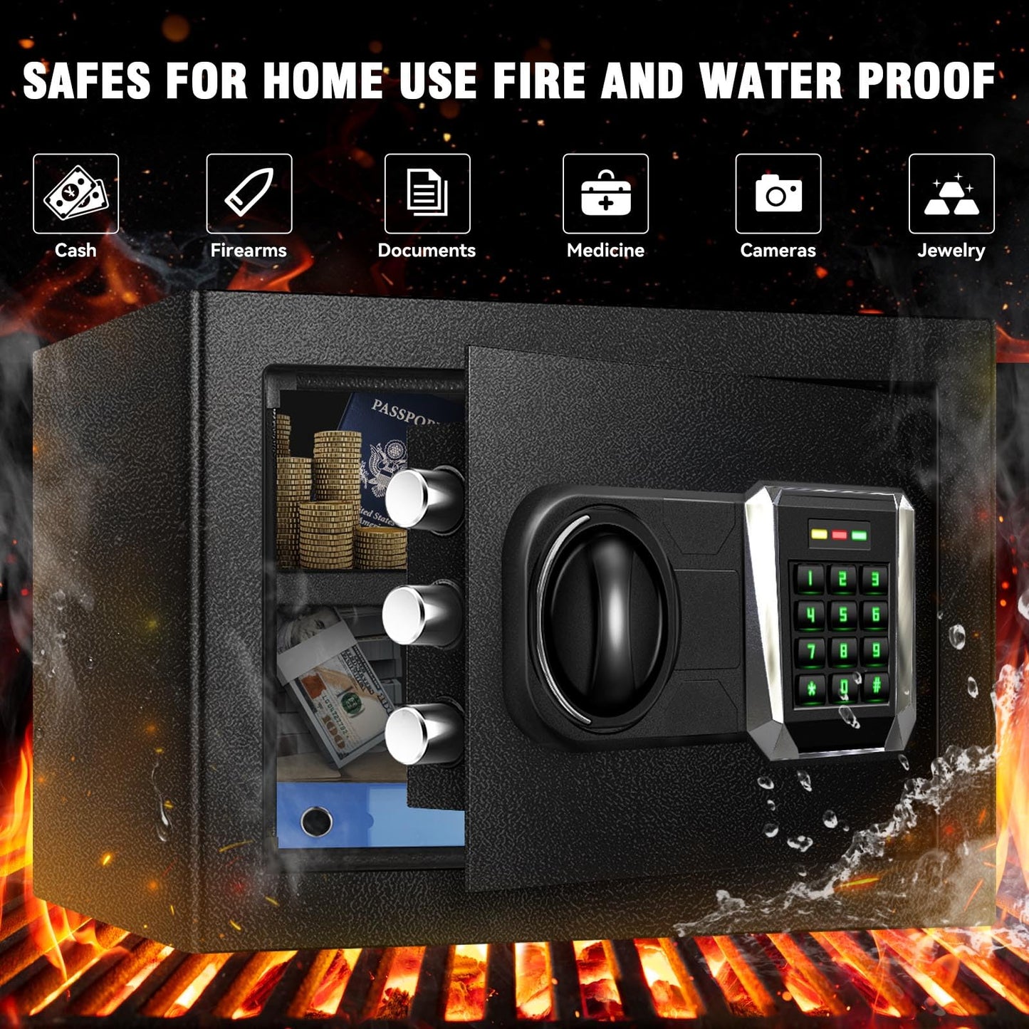1.2 Cu Ft Safe Box with Fireproof Waterproof, Digital Home Security Safe with External Type-C Interface, Mute Function & Removable Shelf, Keypad & Spare Keys, Personal Security Document Lock for Cash