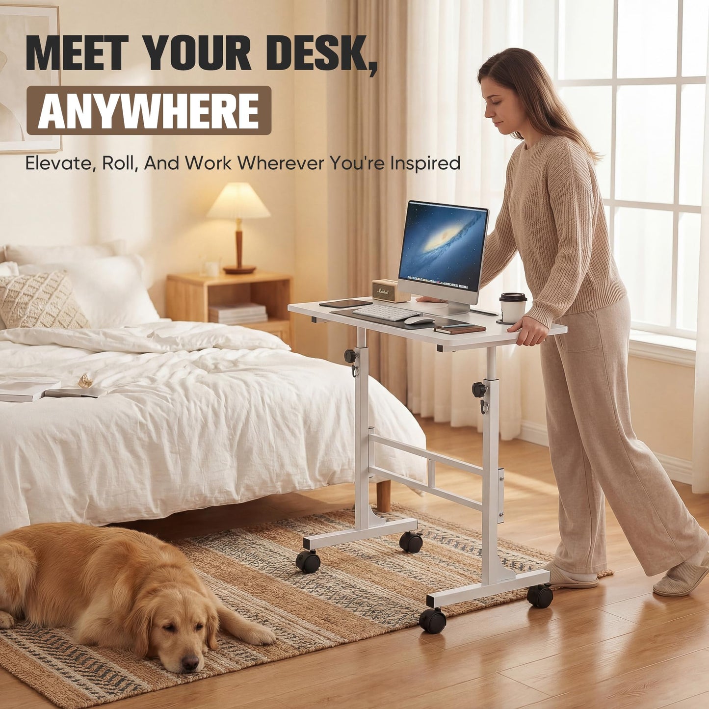 Furmax 31.4" Small Portable Standing Desk Height Adjustable with Lockable Wheels, Mobile Stand Laptop Computer Workstation for Walking Pad Treadmill (White)