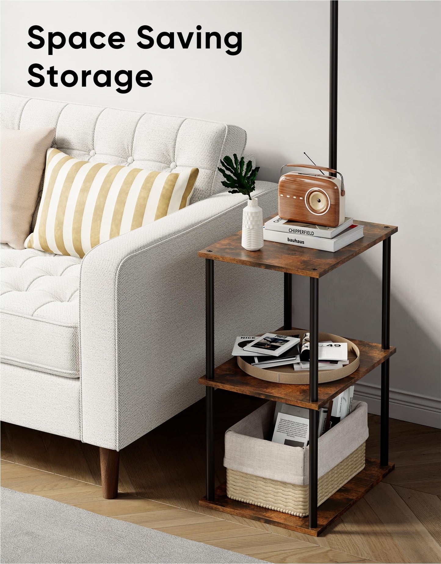 PARTPHONER Floor Lamp with Table, Night Stand with Lamp, Narrow Side Table with 3CCT LED Bulb, Small Coffee Table, Modern End Table with Storage Shelves for Living Room Bedroom Home Décor