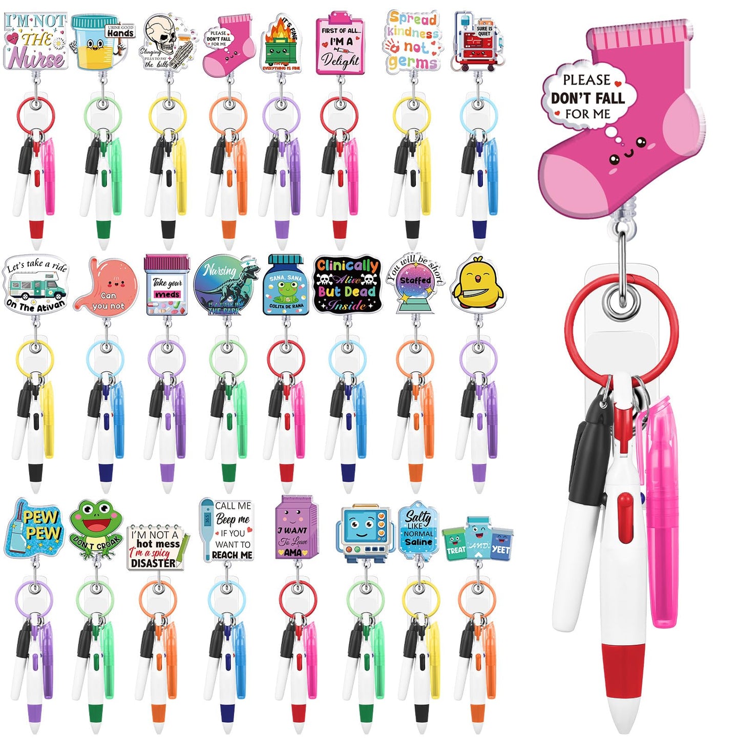 Landical 120 Pcs CNA Nursing Badge Reels Pens Set Include Permanent Tip Highlighters Marker Retractable Ballpoint Pen Keychain Clip for Medical Assistants Recognition Day Appreciation Gifts