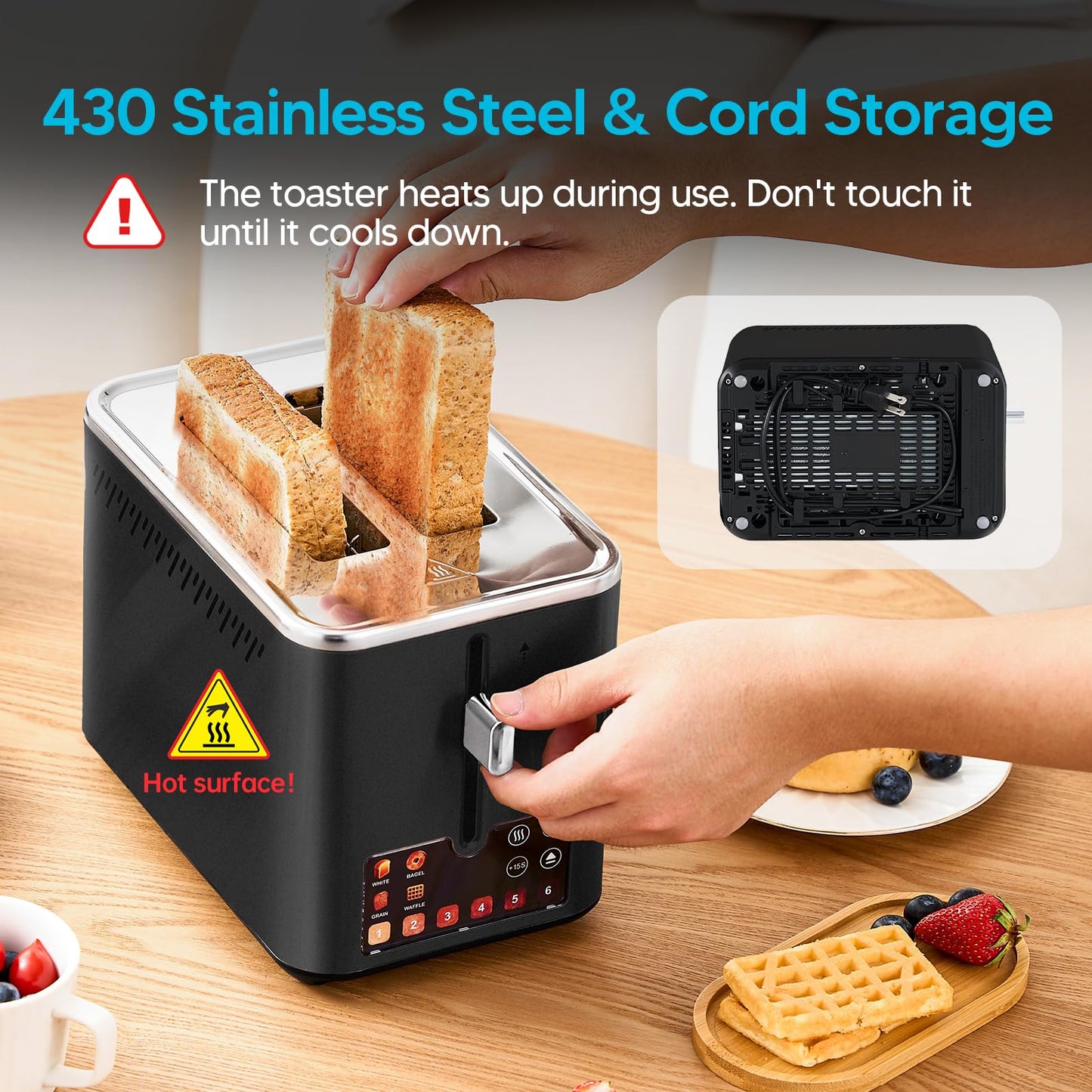 Trisiko Touch Screen Electric Toaster 2 Slice, Stainless Steel Smart Toaster with Digital Timer, 1.38" Extra-Wide Slots for Bread& Bagel, Great for Home, Office,Dorm (Black)