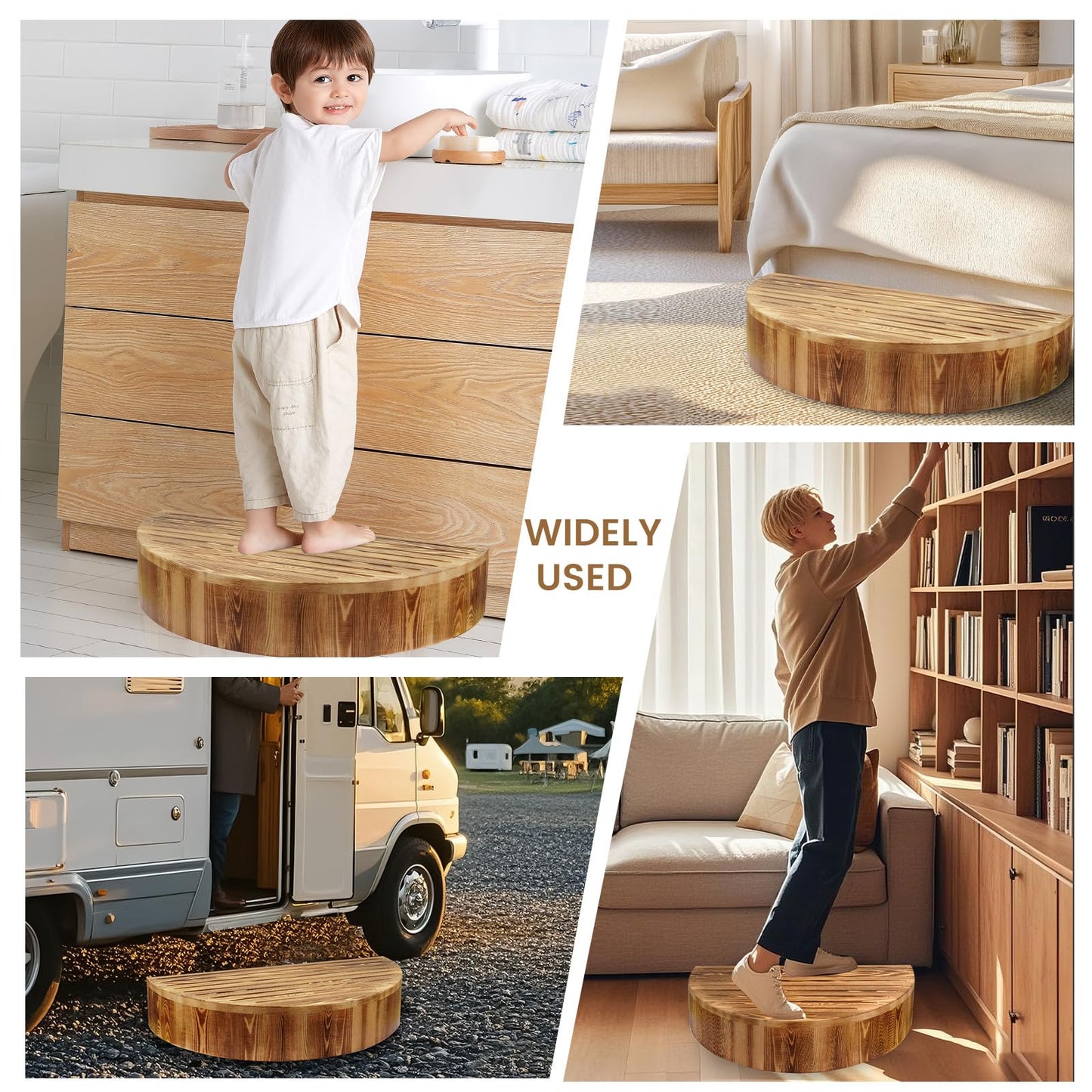 Solid Wooden One Step Stool, 5.2" High Semicircular Wood Bed Step for Elderly Adults Kids Safety to Get in & Out of High Bed, Kitchen, Bathroom(26.4" L, 550LBs Capacity)