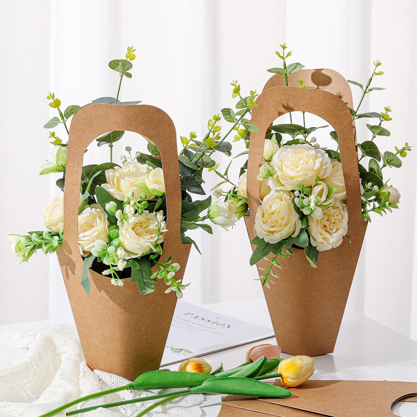Gilprop 100 Packs Kraft Paper Flowers Gift Bags with Handle, 13.8'' Flowers Bouquet Holder for Wedding, Valentines Day Decoration, Florist Shop