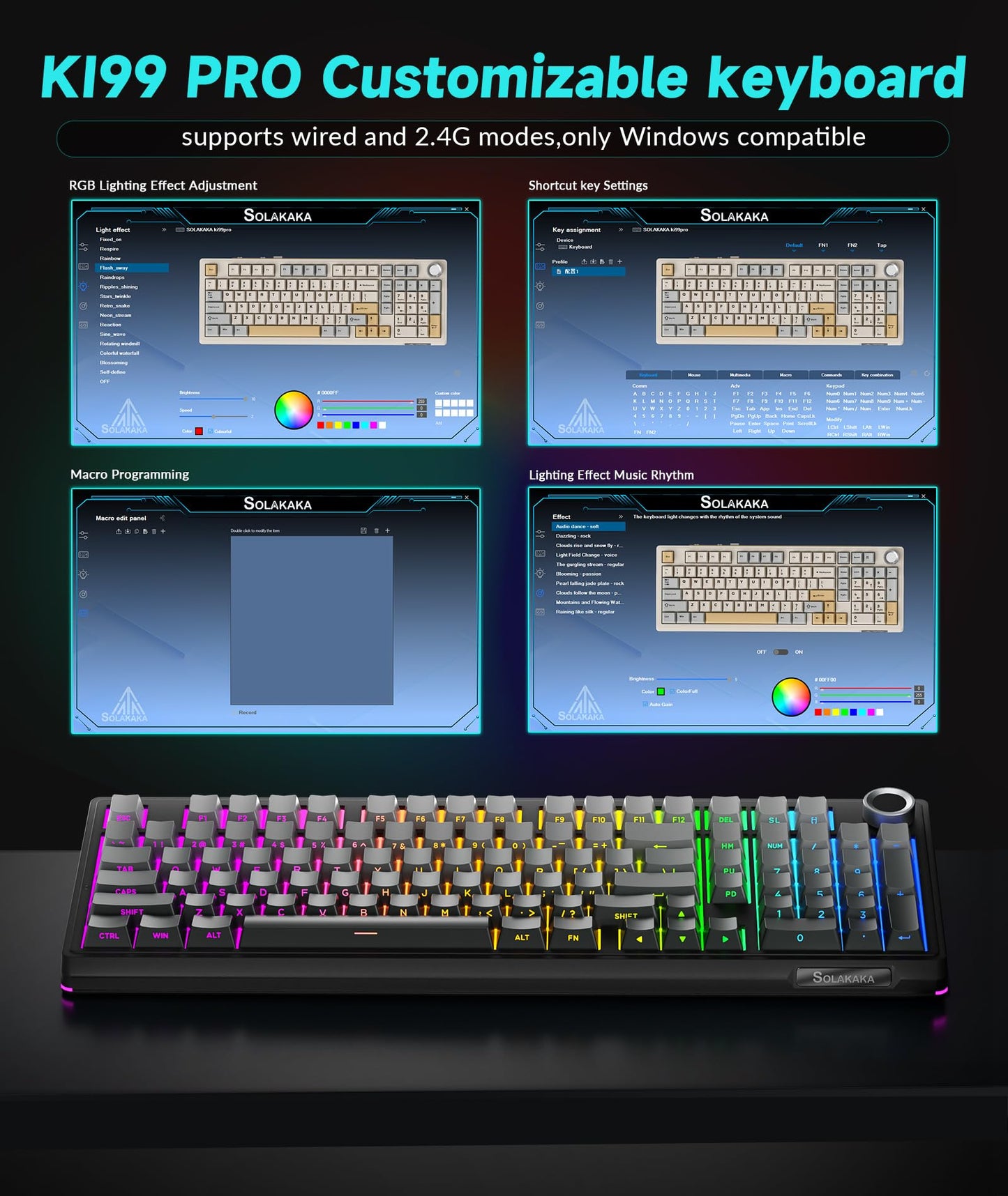 SOLAKAKA KI99 Pro 96% Wireless Mechanical Keyboard, RGB Gaming Keyboard, Hot-Swappable Pre-Lubed Switches, Gasket Structure Creamy Keyboards (Gradient-Black, Non-Silent Version)