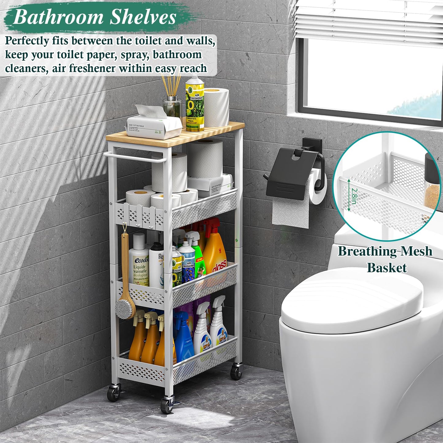 OKZEST Utility Slim Storage Cart, 4-Tier Narrow Bathroom Organizers and Storage Cart, Narrow Metal Kitchen Laundry Room Organization Shelf with Wood Top, Slim Rolling Carts with Wheels for Small Space