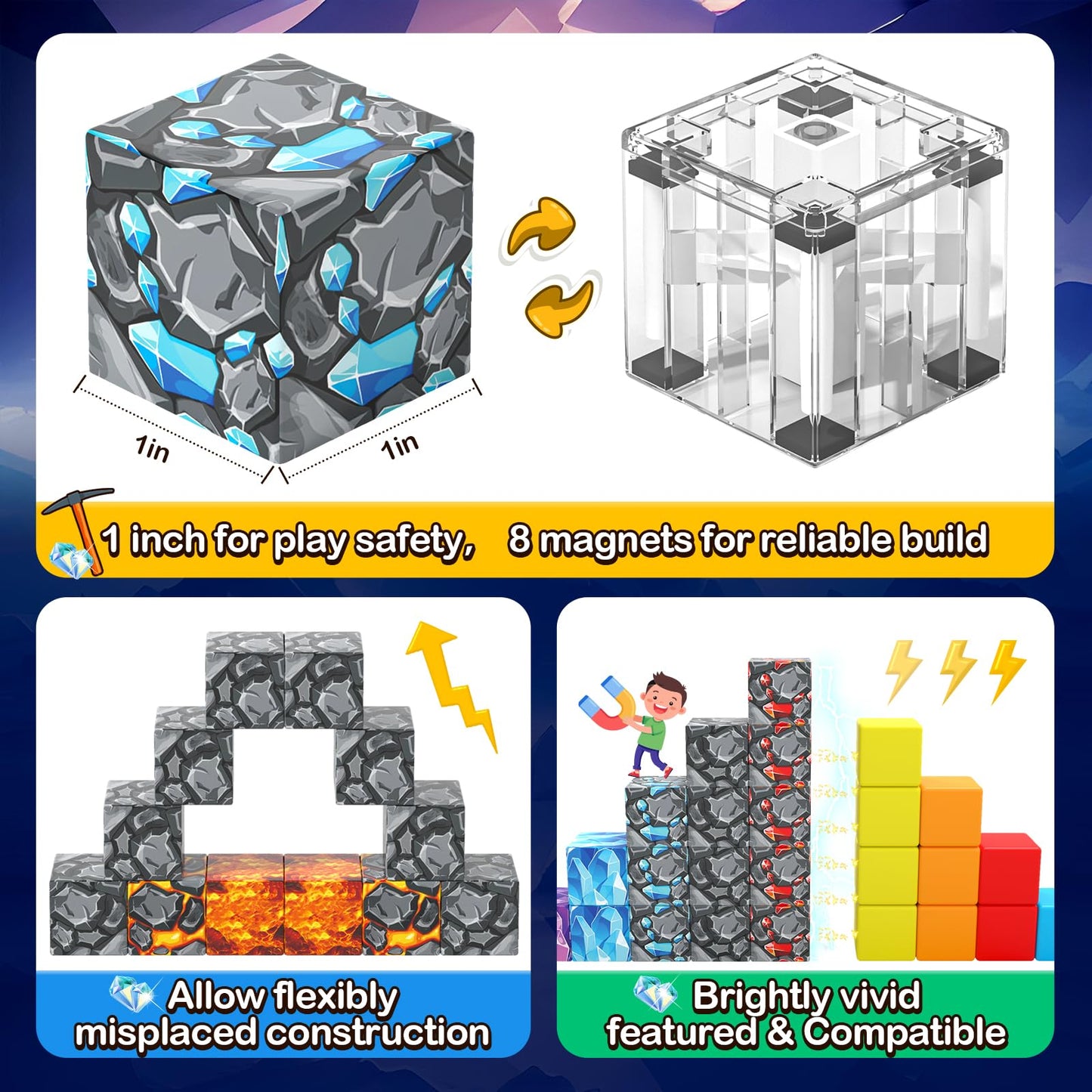 100PCS Magnetic Blocks Building Toys, Gem Cave Adventure Building Craft, Learning Sensory Toys for Boys Girls Age 3-12, Game Gift for Kids Little Gamers