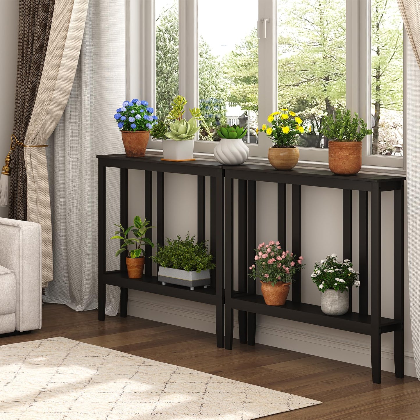 ELYKEN Bamboo 2-Tier Narrow Console Table, 36.2" Long Slim Sofa Table Behind Couch for Entryway, Hallway, Living Room, Brown