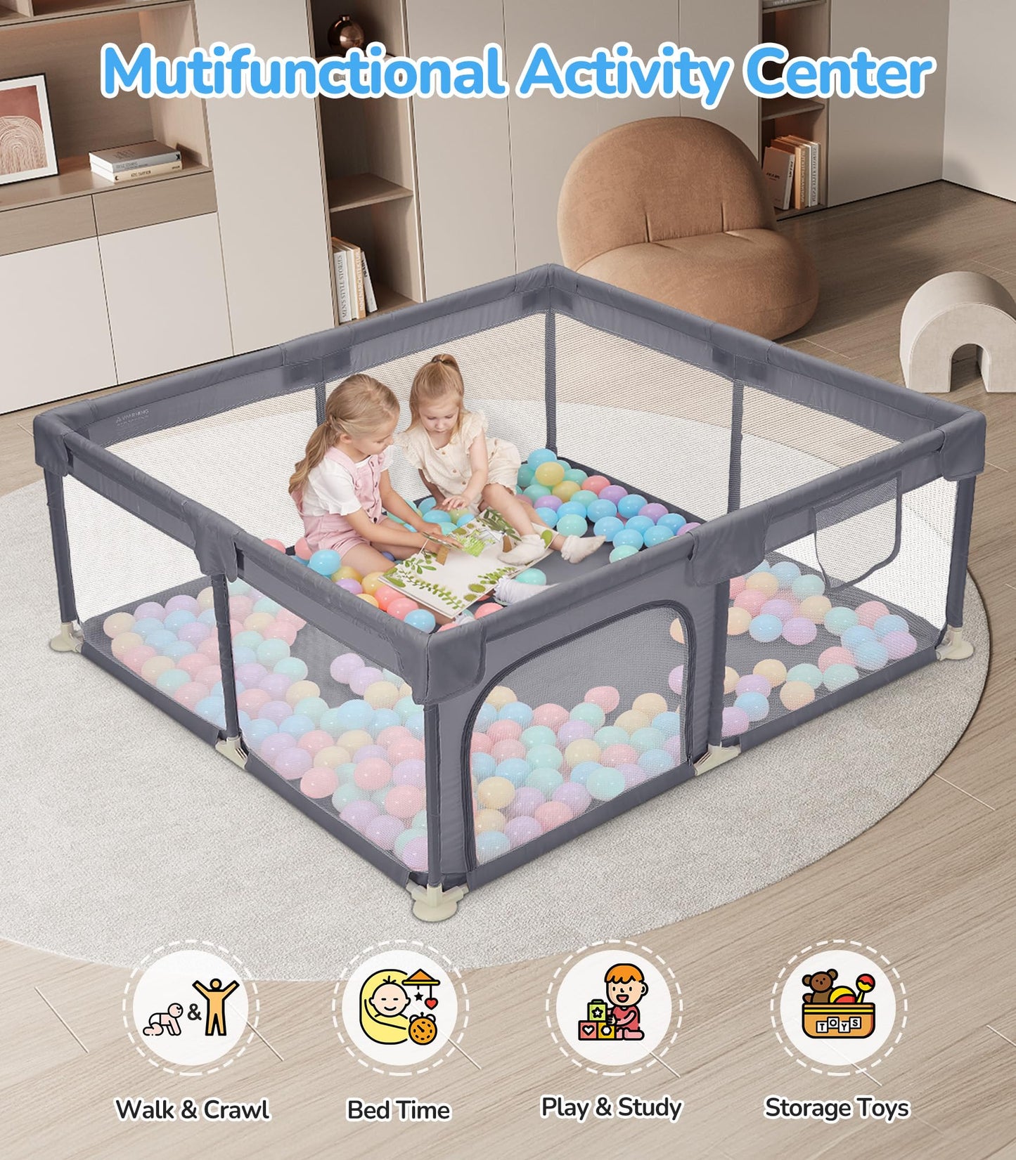 Dripex Baby Playpen, 47"x47" Play Pens for Babies and Toddlers, Safe Anti-Fall Play Yard with Gates, Baby Fence with Breathable Mesh, Indoor & Outdoor Kids Activity Center, Grey