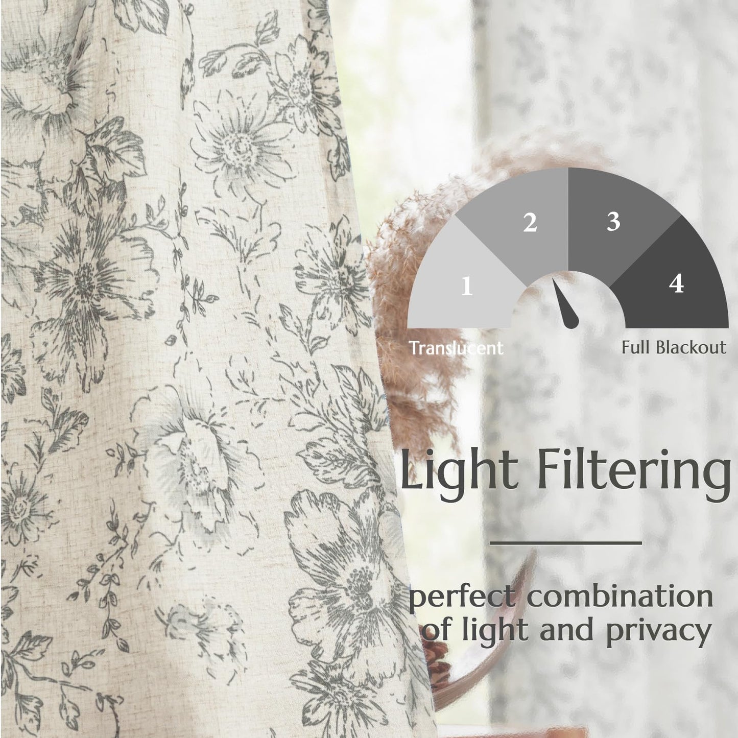 jinchan Lined Linen Blend Curtain Floral Curtains for Living Room 108 Inches Extra Long Grey Peony Flower Printed Curtain Back Tab Farmhouse Patterned Drapes Bedroom Window Curtains Set 2 Panels