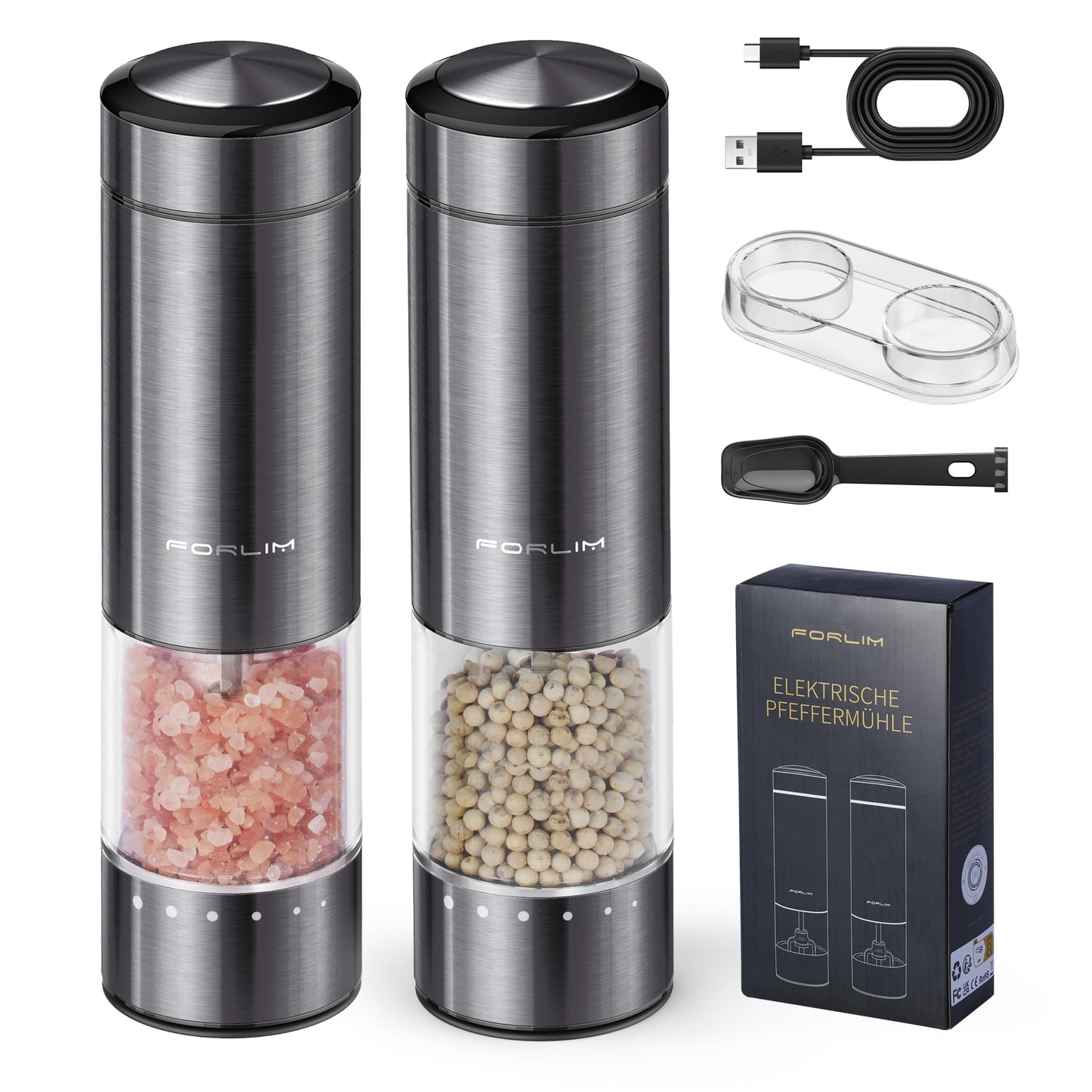 FORLIM Rechargeable Electric Salt and Pepper Grinder Set - Automatic One-Handed Operation Mill with Light (2 Mills) - Electronic Adjustable Shakers - Ceramic Grinder - Gunmetal Gray