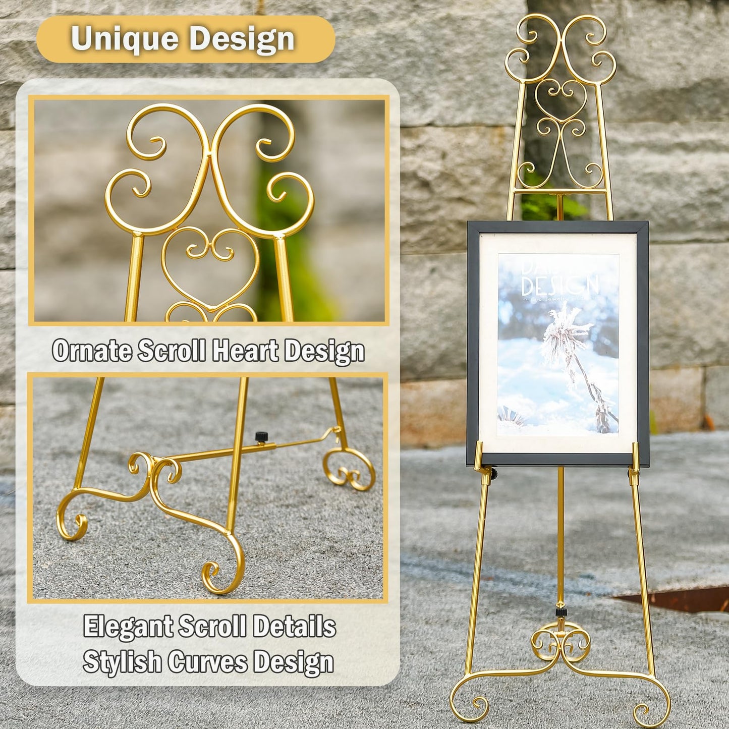 Metal Large Free Standing Adjustable Display Stand Scroll Easel with Chain Support, Gold Easel Stand for Sign, Heavy Duty Easel for Mirror, Wedding, Picture Frame (No Installation Required)