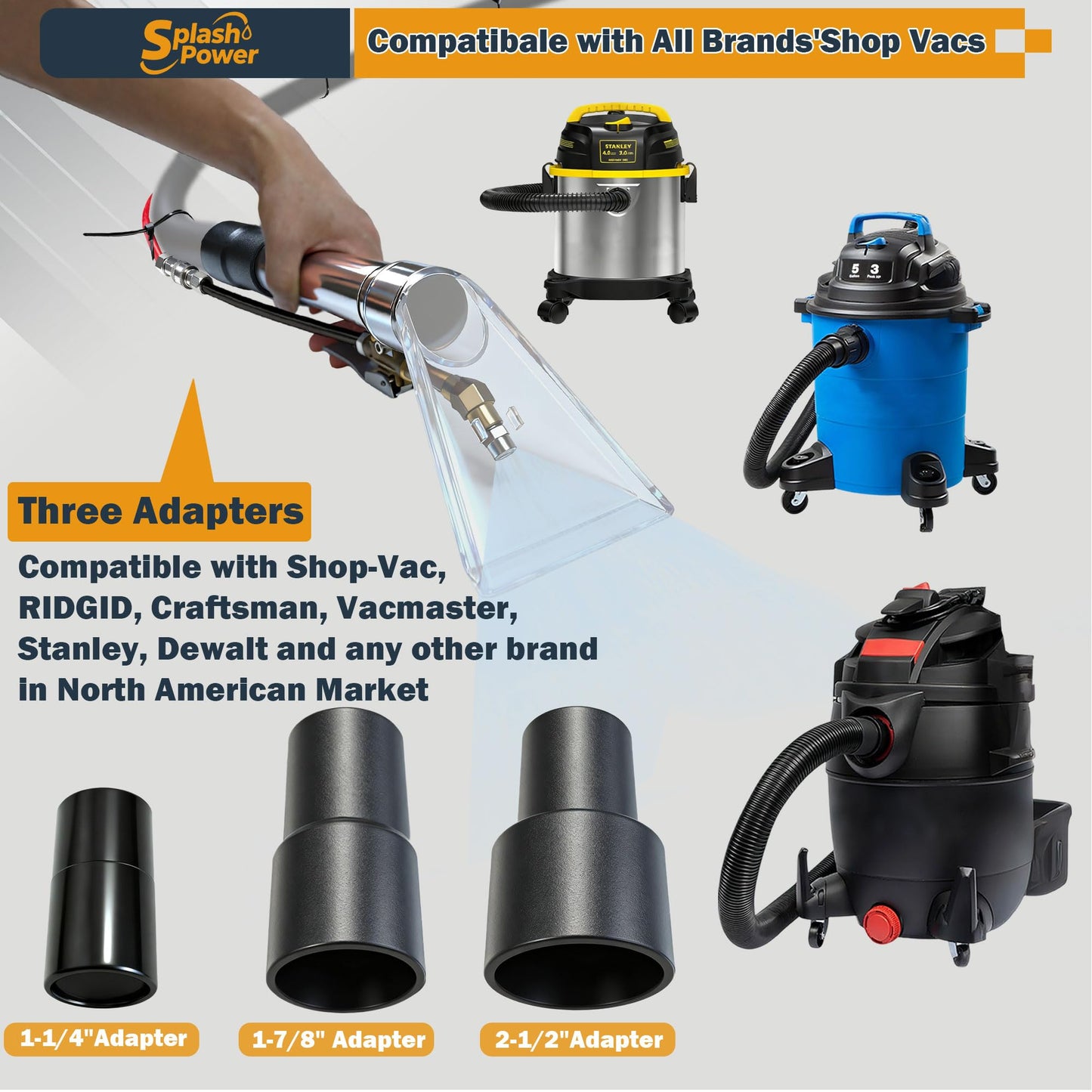 SplashPower Shop Vac Extractor Attachment Kit for Wet/Dry Vacuum, Universal Hose Adapter for Carpet Upholstery Cleaning & Auto Detailing
