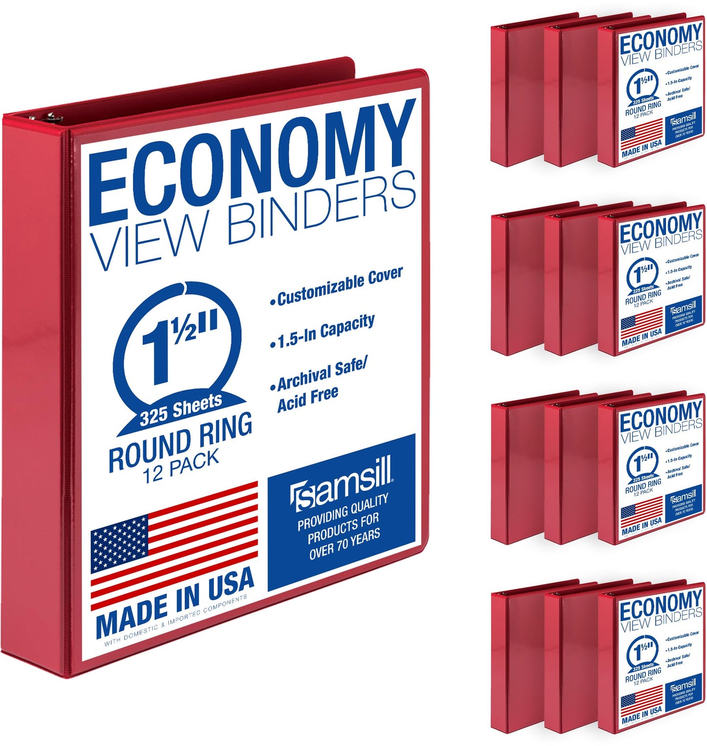 Samsill 1.5 Inch 3 Ring Binders, Economy Round Ring, Clear View Cover, 325 Sheet Capacity - for School, Home, Office - Red, 12 Pack