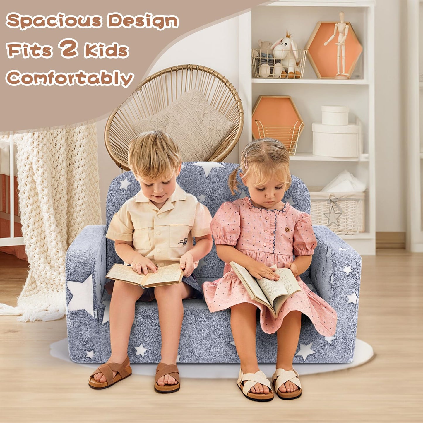 Foryoomi Extra Wide Kids Couch, 2-in-1 Soft Couch with Blanket, Glow in The Dark, Comfy Chair with Cloud Pillow, Convertible Sofa, Star