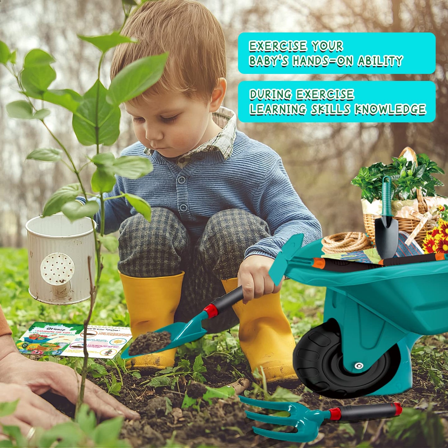 Qtioucp Kids Gardening Tools Outdoor Toys Set Backyard Play with Wheelbarrow Educational STEM Learning Pretend Toys Outdoor Indoor for Toddlers Kids Boys Girls (Green1)