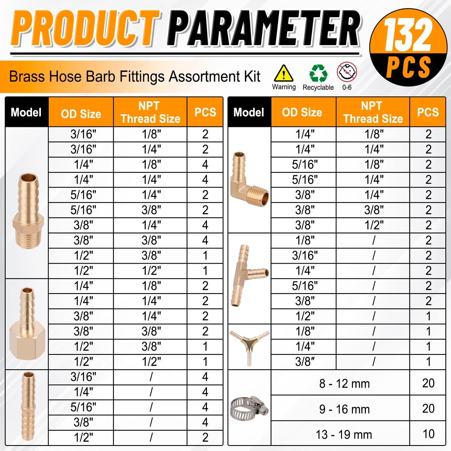 KOOTANS 132pcs Brass Hose Barb Fittings Assortment Kit Barb Splicer, Male Coupler, Female Adapter, 90° Male Elbow, Tee, Y Shaped Union Air Hose Fittings with Clamps for Water Fuel Air Line Connector
