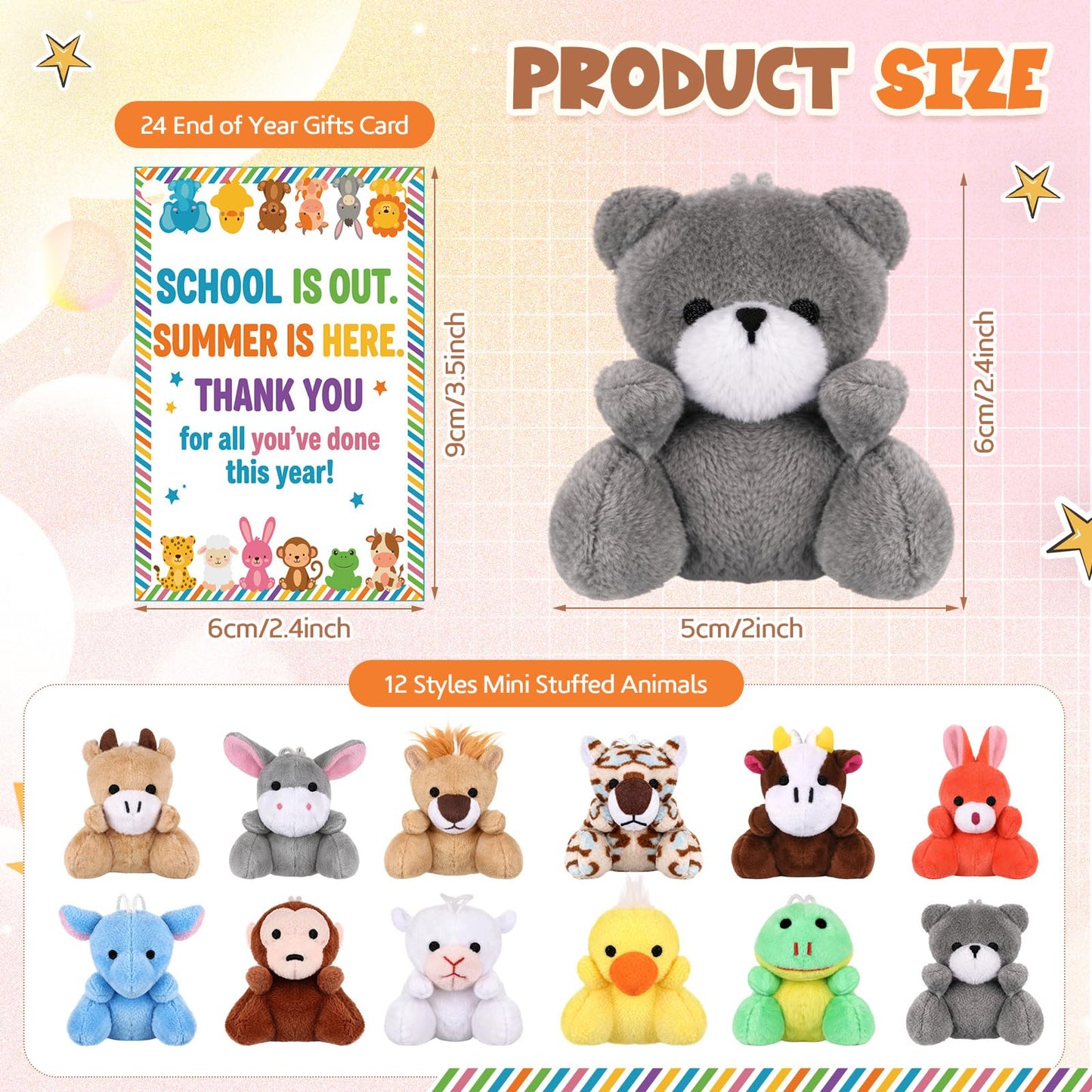 Roowest 24 Sets End of The Year Student Gifts Graduation Mini Stuffed Animal with Cards of 2026 Bulk Gifts from Teacher End of The Academic Year Party Decor(Cute)