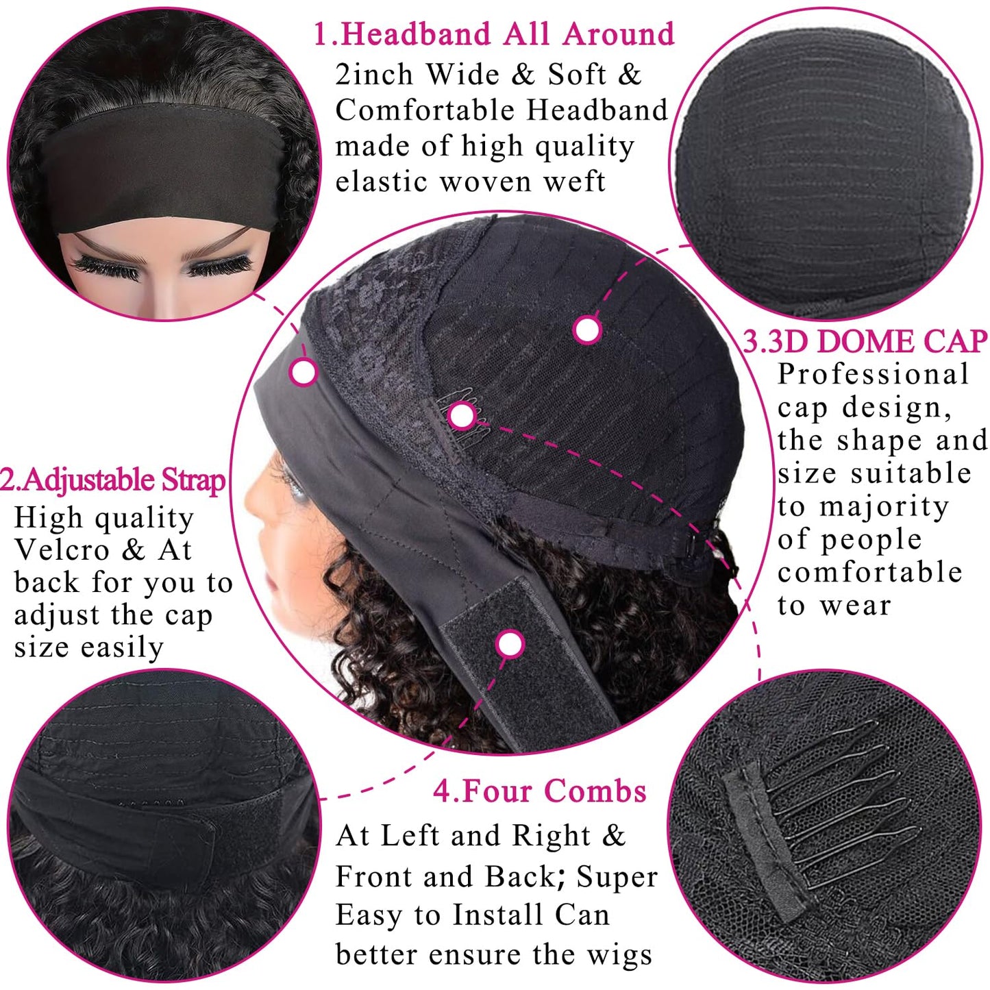 Headband Wig Deep Wave Human Hair Wigs Virgin Hair Wigs Brazilian Remy Hair Glueless Non Lace Front Wig for Black Women Wear and Go Wigs Deep Curly Wave Headband Wig (28 Inch, Natural Color)