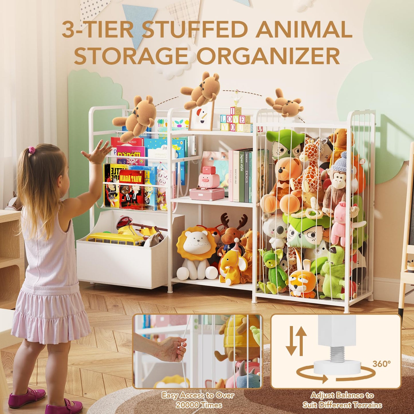 BBLIKE Kids Bookshelf and Toy Storage Organizer, 3-in-1 Toddler Montessori Bookcase with Stuffed Animal Storage & Movable Toy Chest, Large Plushies Holder for Nursery Playroom Bedroom, White