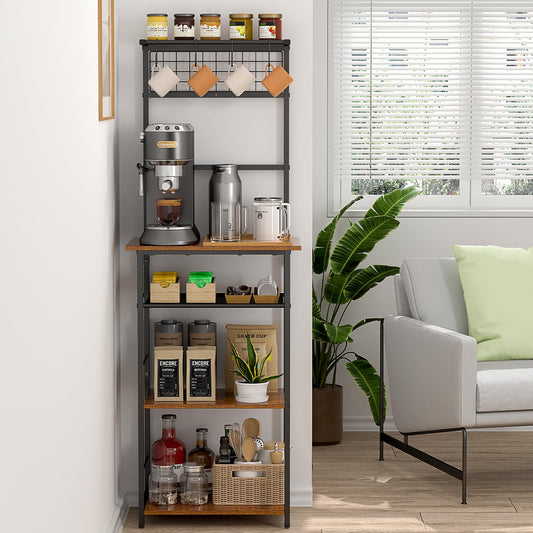 5 Tier Coffee Bar Station, Kitchen Stand with 4 S-Shaped Hooks, Farmhouse Corner Coffee Bar Cabinet for Small Spaces, Bakers Rack for Kitchen, Entryway, Living Room, 13.43" D x 18.93" W x 53.31" H