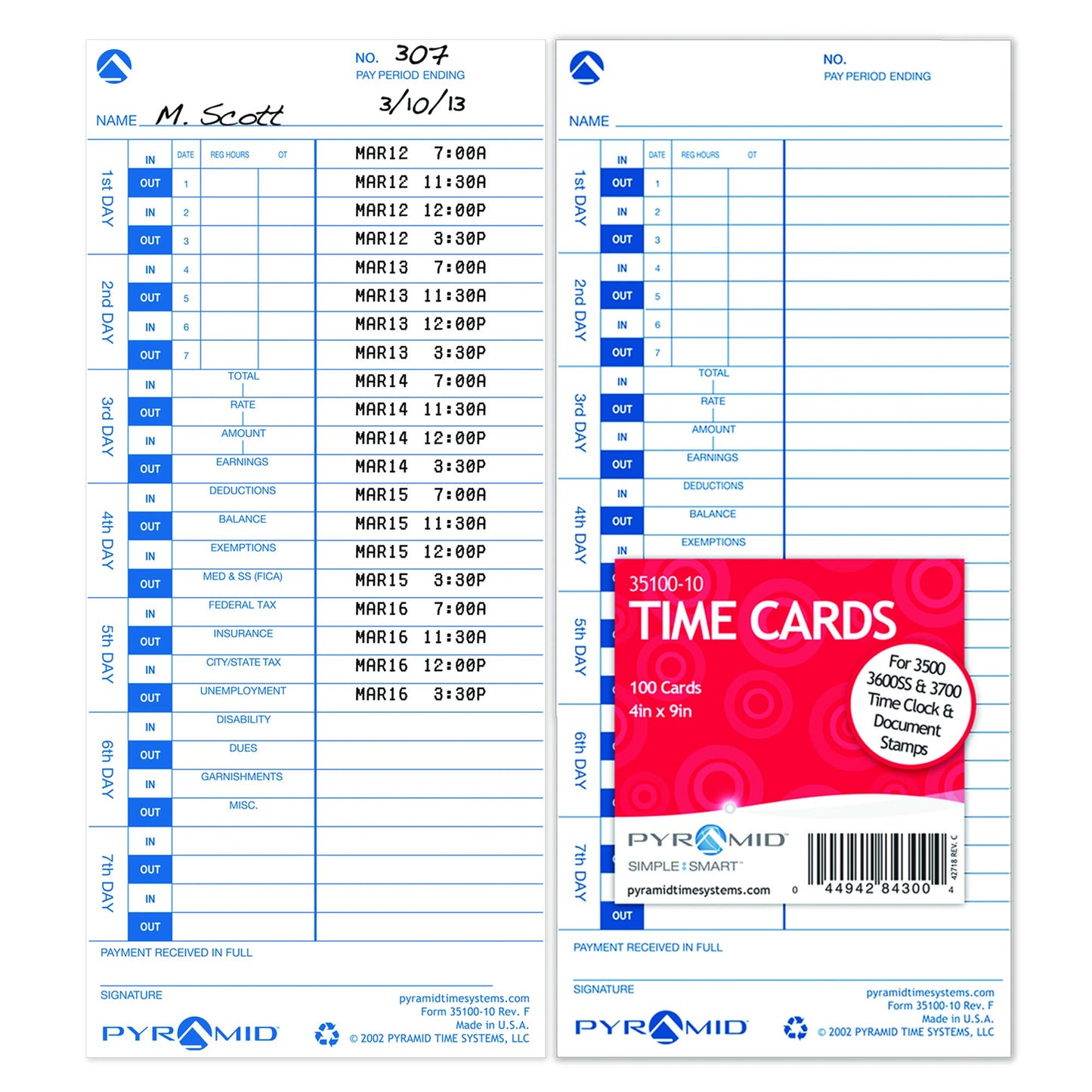 Pyramid Time Systems - 30% Recycled Time Cards (35100-10PK3) for Pyramid Models 3500, 3500ss, 3600SS &3700ss Time Clock and Document Stamp, Single Sided Time Sheets (4 X 9 Inches) - 300 Time Cards