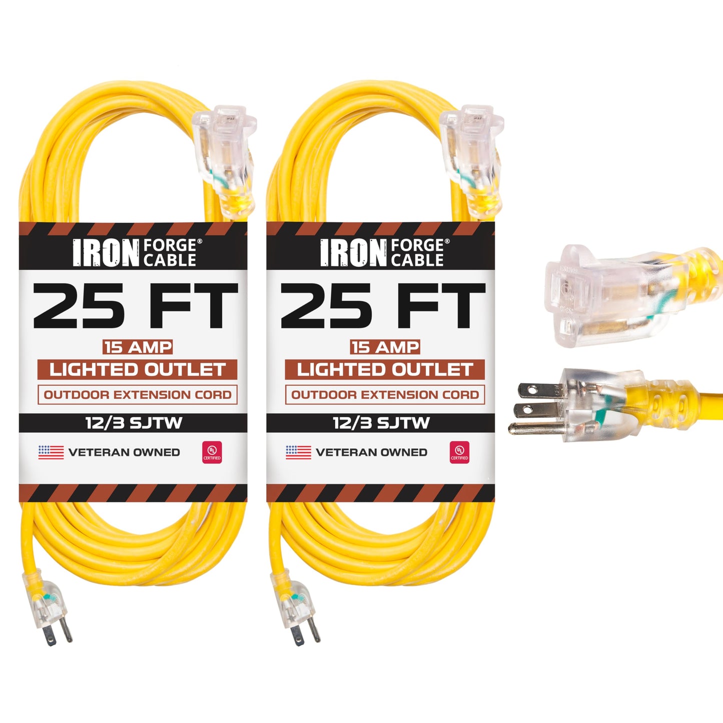 IRON FORGE CABLE 2 Pack of 25 Foot Outdoor Extension Cords - 12/3 SJTW Heavy Duty Lighted Yellow Extension Cable with 3 Prong Grounded Plug for Safety, 15 AMP - Great for Garden and Major Appliances
