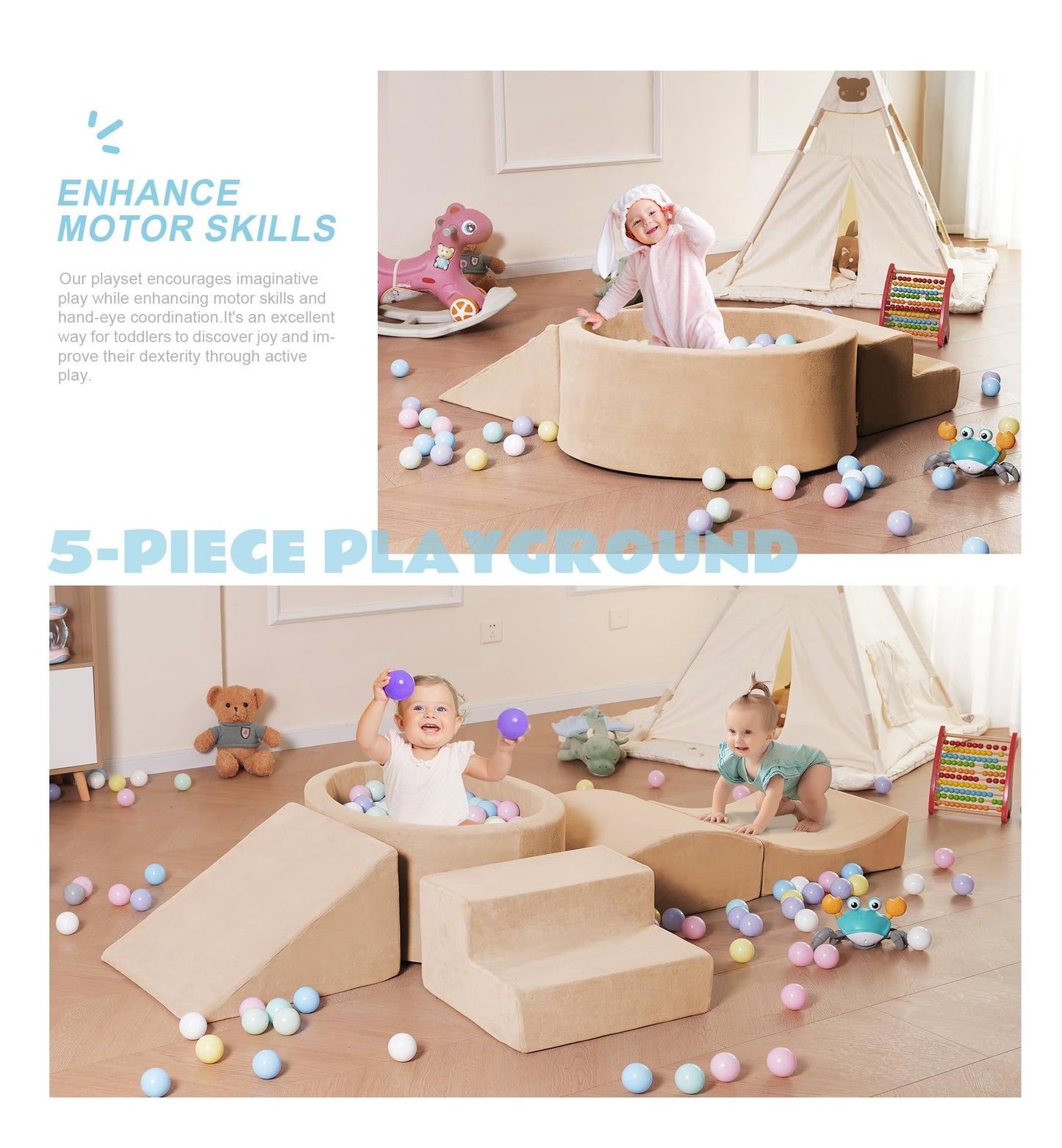 Elftopia Foam Climbing Blocks with Ball Pit Designed for Toddlers Aged 1-3 -Great for Indoor Crawling, Inside Foam Playground Set for Little Ones to Active Playing -(Balls NOT Included) Beige