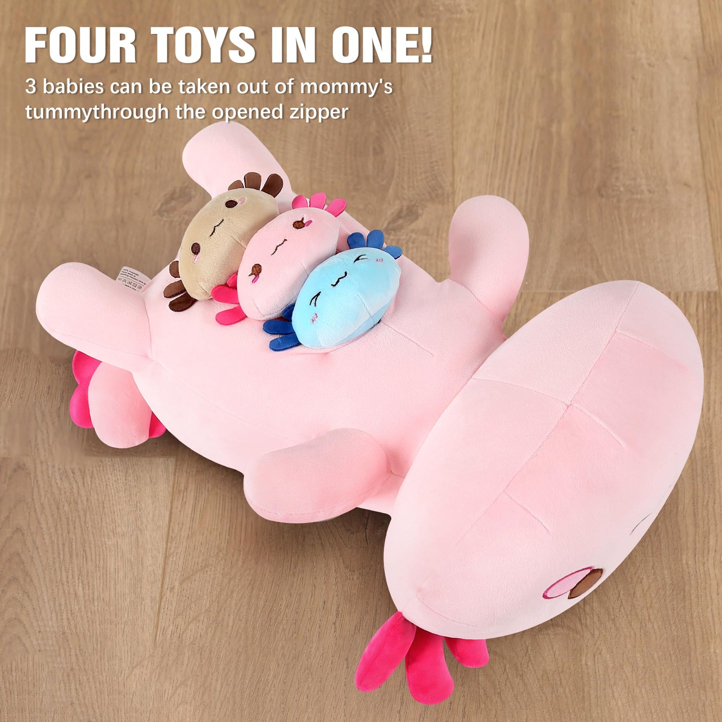 Onsoyours Axolotl Stuffed Animal Mommy 19.7" With 3 Baby Axolotl Plushies In Tummy, 4-Piece Cute Axolotl Family Plush Pillow Toys For Kids, Girls, Boys (Pink)