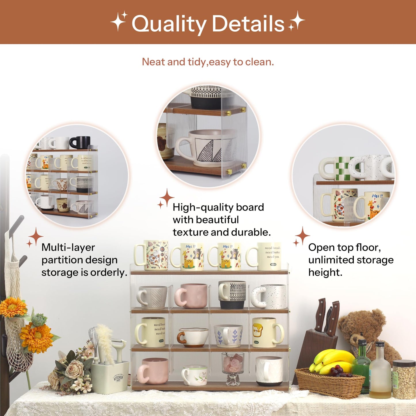 KAOTGOT Coffee Mug Holder Wooden Cup Station Organizer 4-Tier Cup Holder for Coffee Bar Mug Display Rack for Countertop Mug Holder Shelf for Home Kitchen Nut Brown